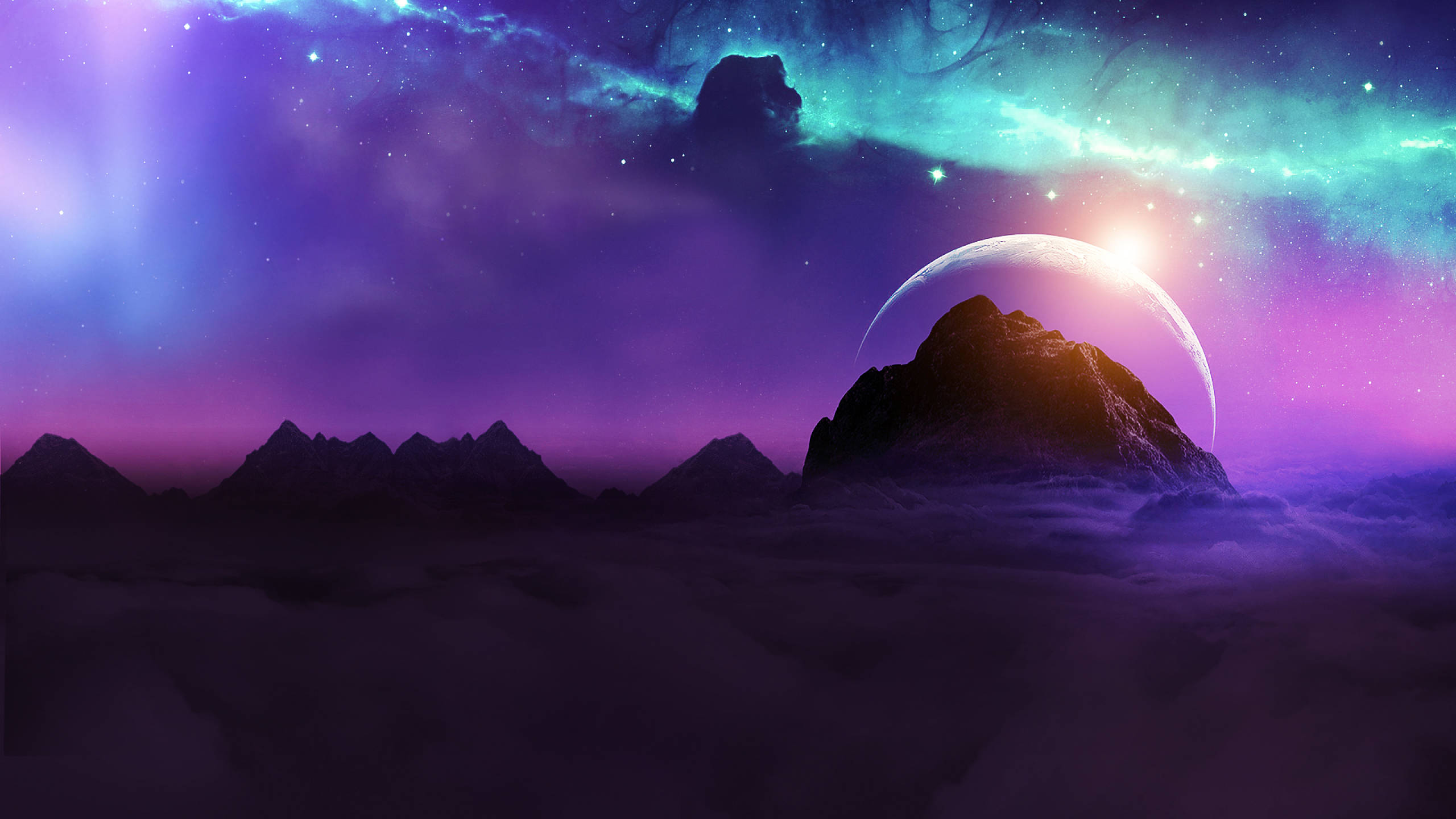 1440p HD Лилаво небе с луна над планина Тапет