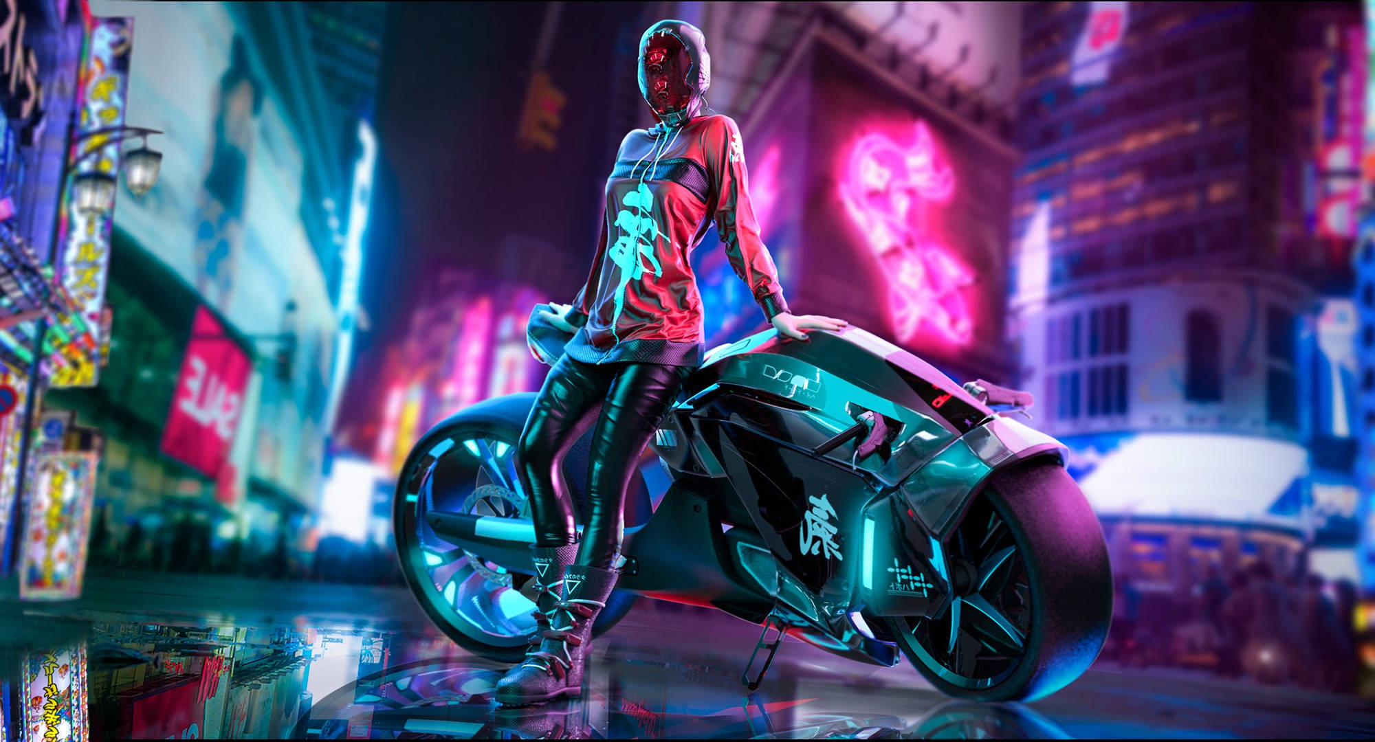 1920 X 1080 Gaming Жена в Сайбърпънк стил с мотоциклет Тапет