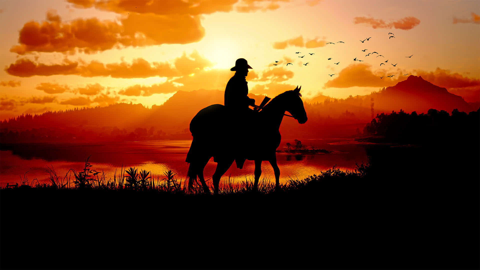 Шериф язди кон при залез слънце 1920x1080 Red Dead Redemption 2 фон Тапет