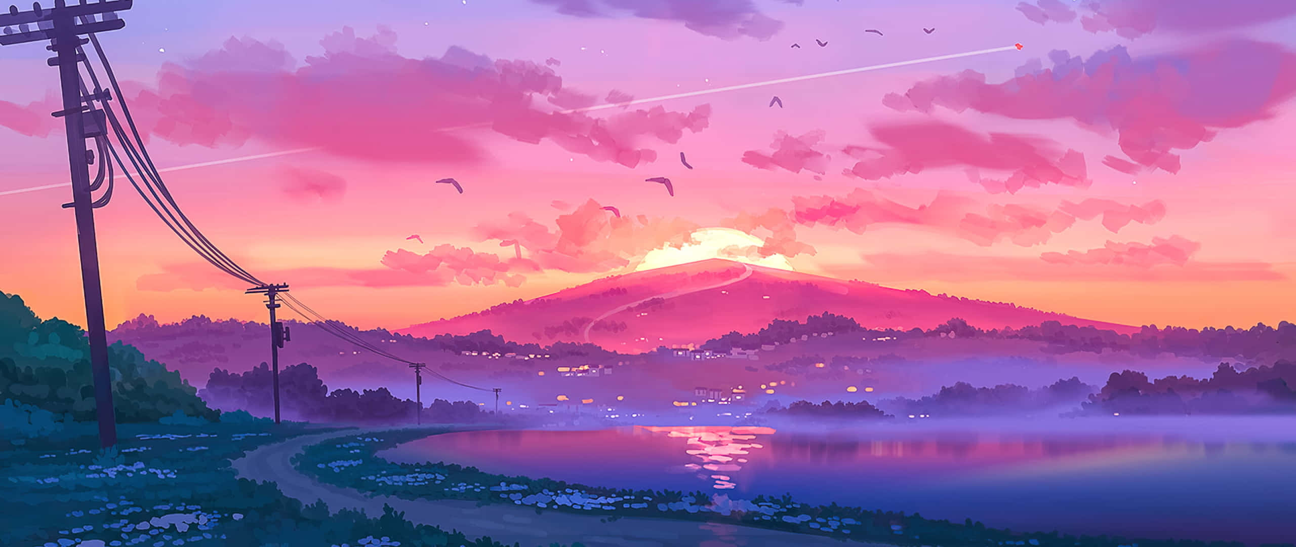 Аниме залез естетика арт 2560x1080 Тапет