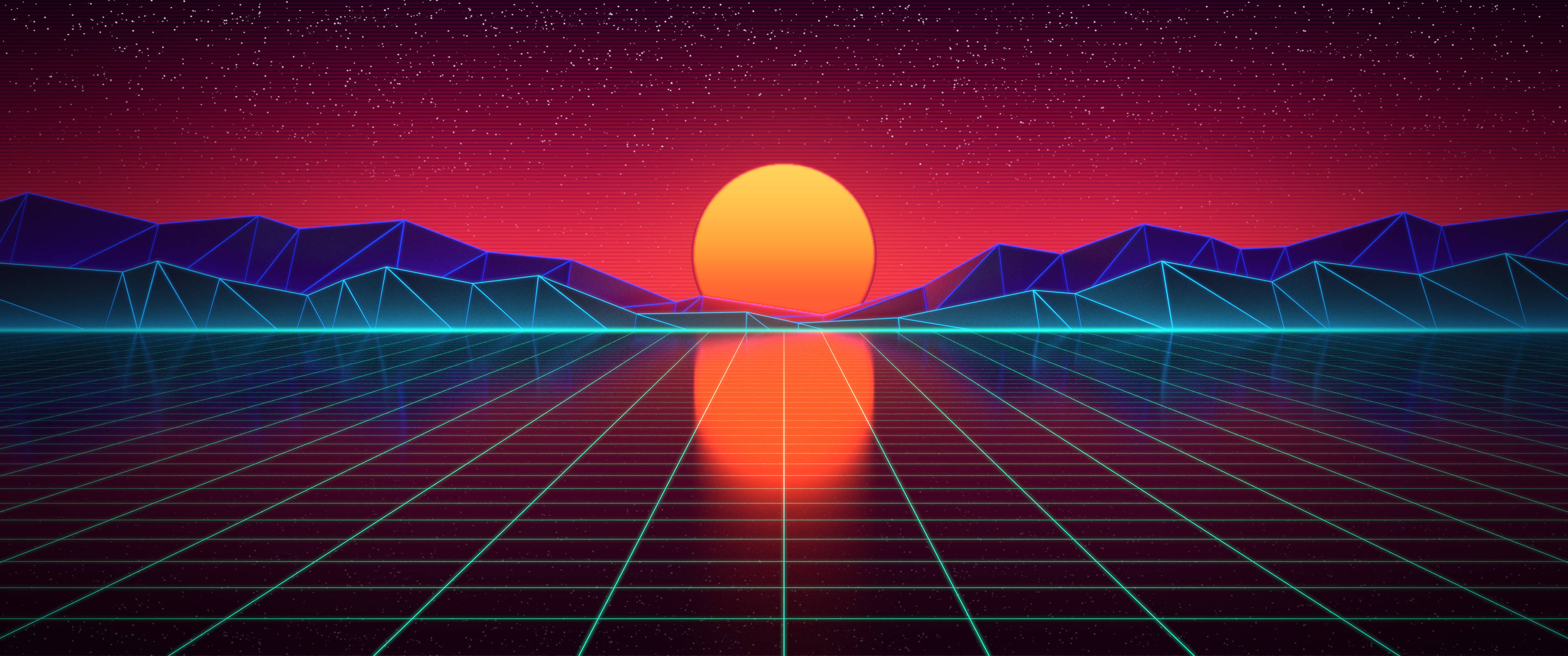 3440x1440 Минималистичен Synthwave пейзаж Тапет