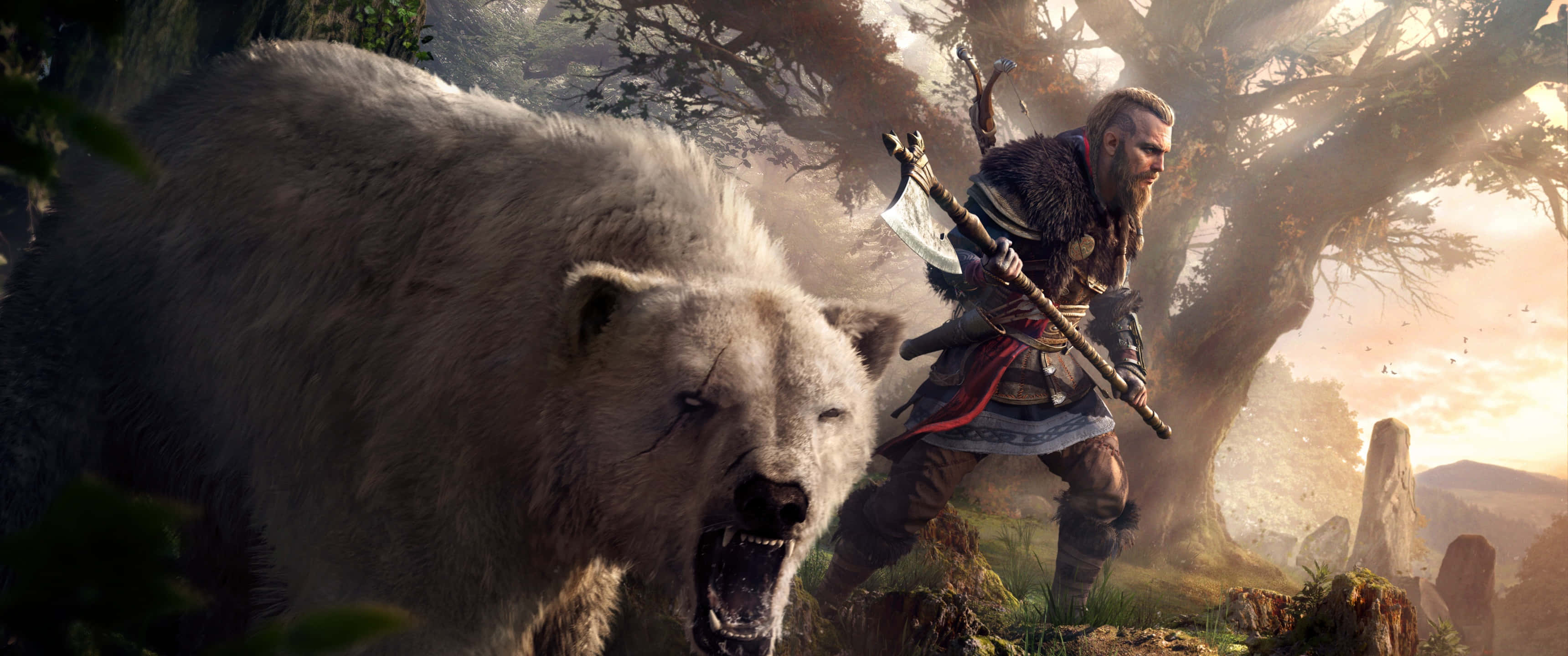 3440x1440p Assassin's Creed Odyssey фон Воин и полярна мечка Тапет