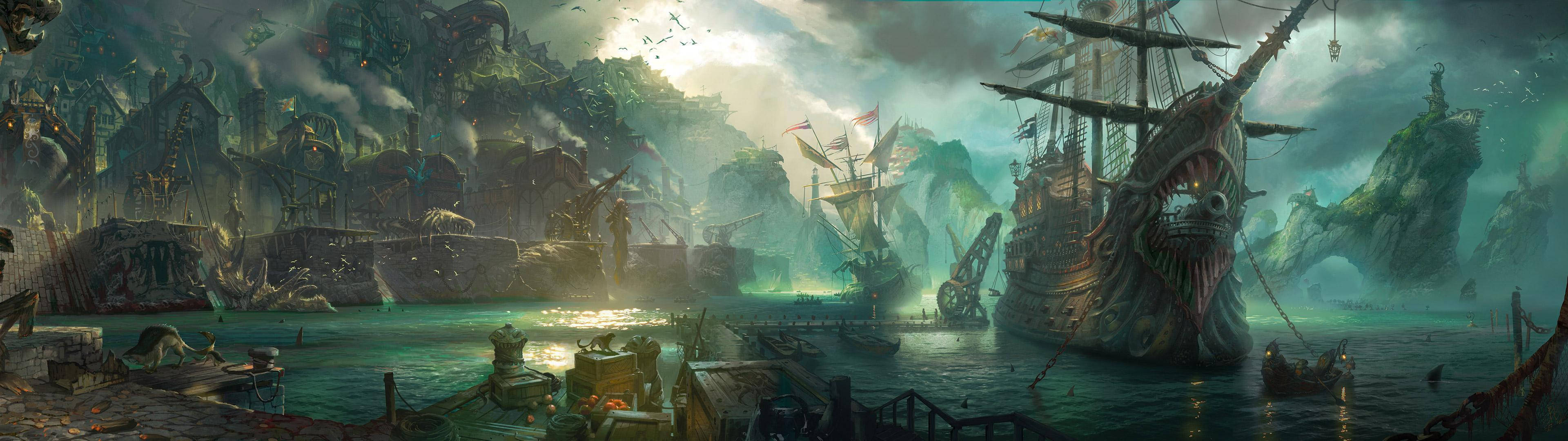 3840x1080 HD Двоен монитор Пиратски кораби Тапет