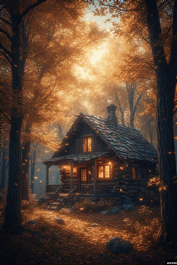 Уютна хижа в есенна гора – топла природа 4K Тапет