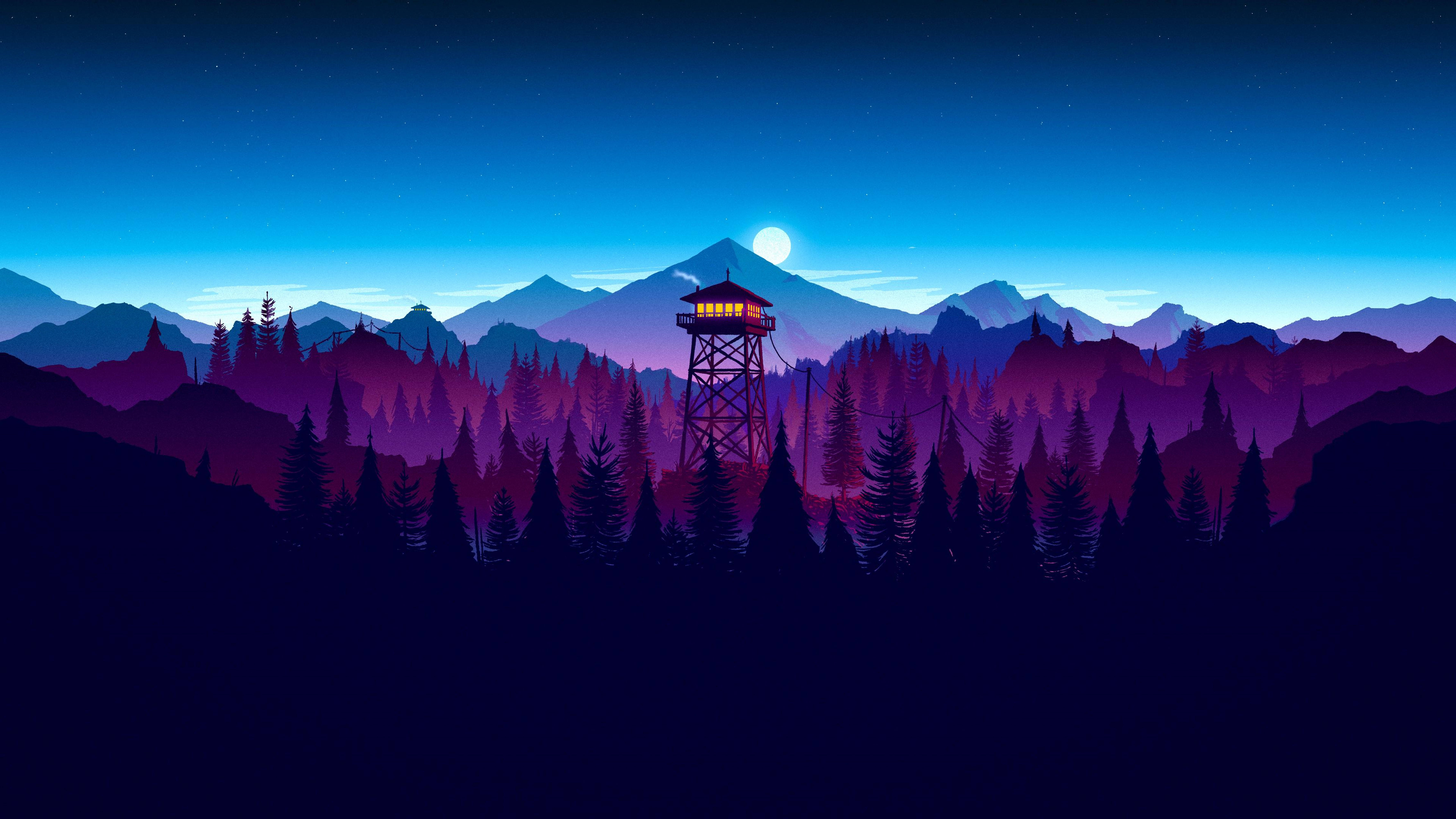 4K Firewatch Лилав горски силует Тапет