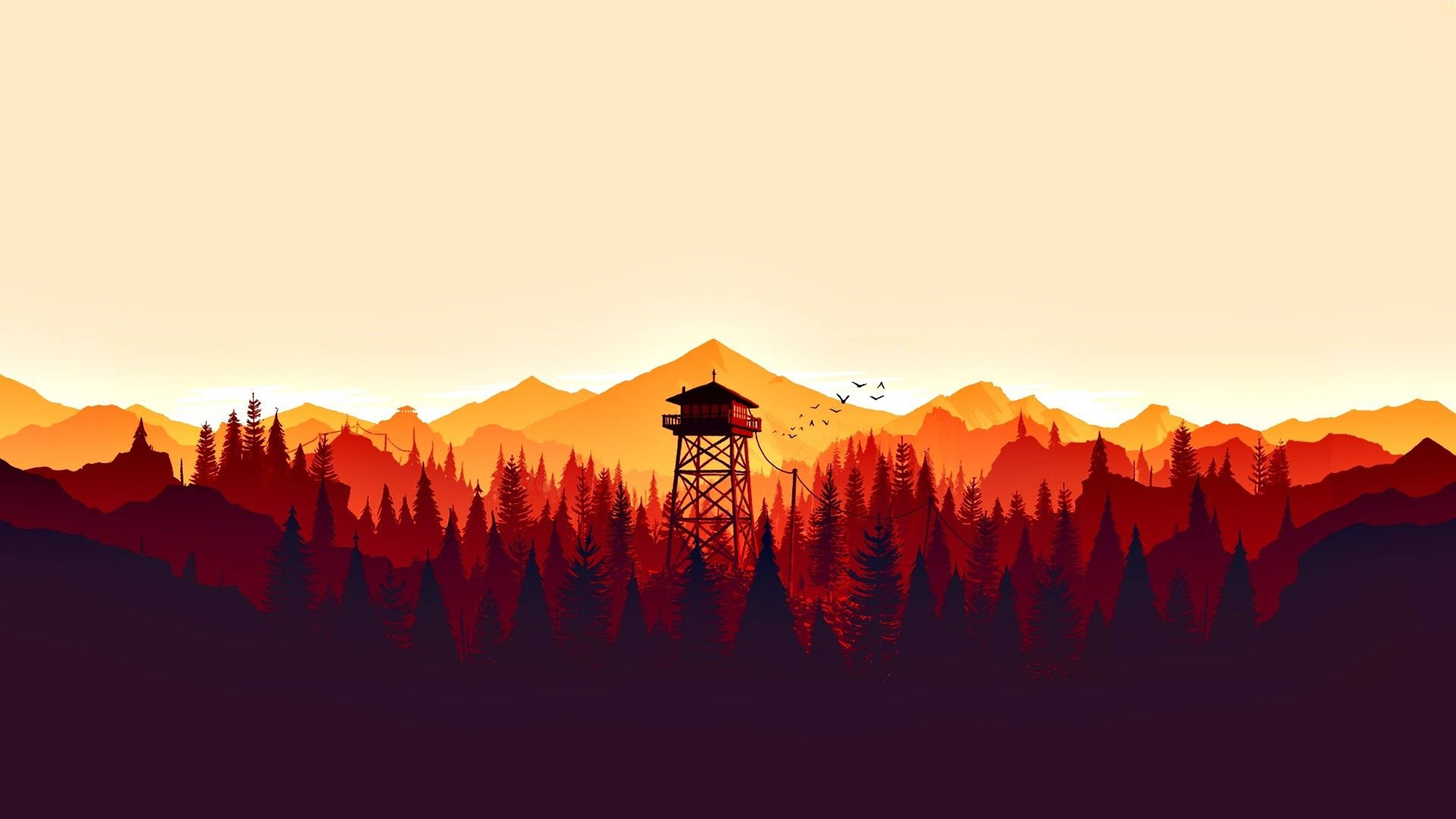 4K Firewatch Ярко Оранжеви Планини Тапет