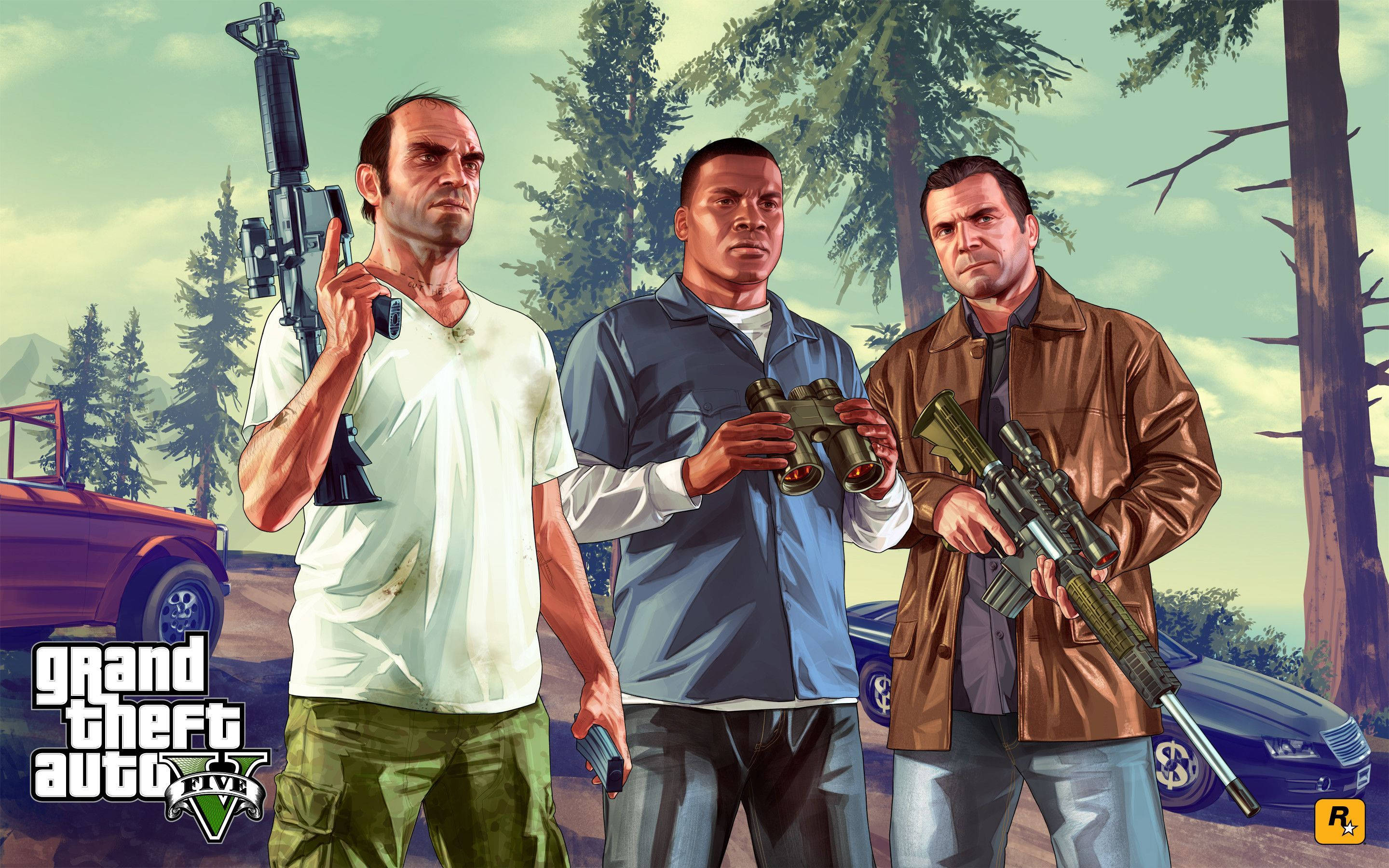 4K GTA 5 Тревър Франклин Майкъл с оръжия Тапет