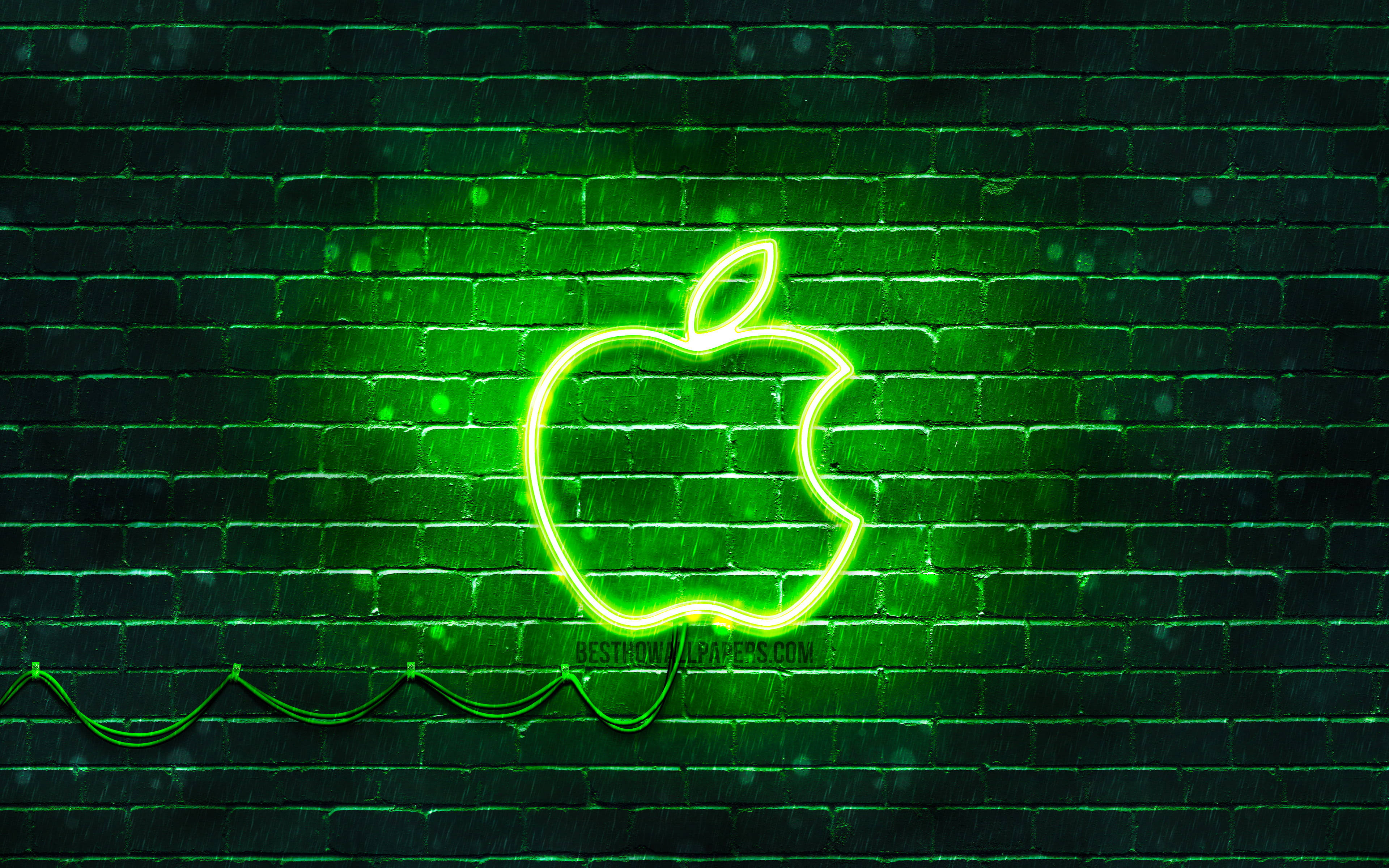 Тухлата стена с логотип Apple в неоново зелена естетика Тапет