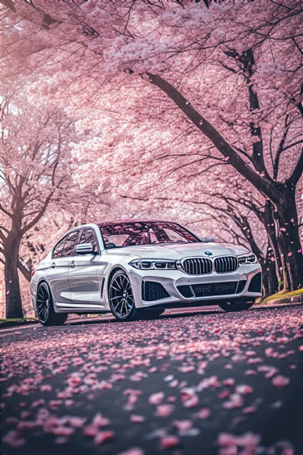 Естетична пролетна лъскава бяла BMW под черешов цвят Тапет