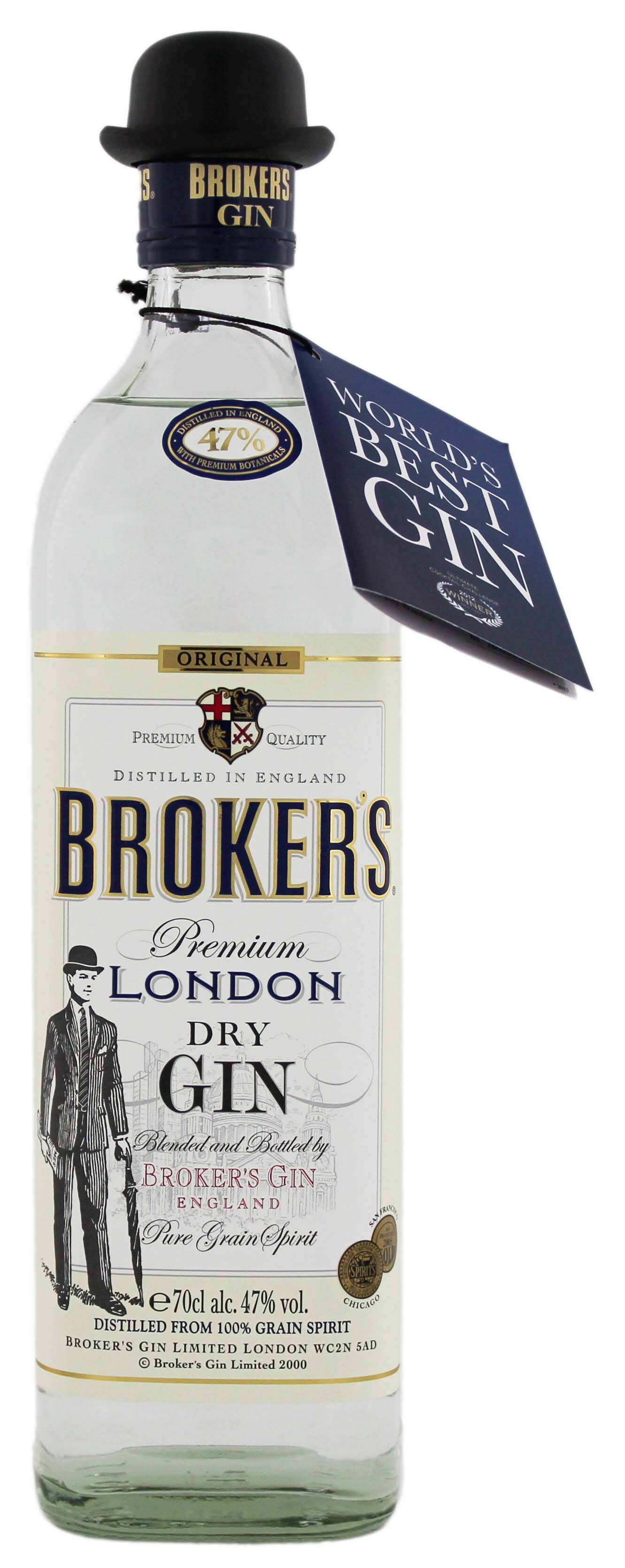Бутилка на Brokers Gin с характерната шапка-боулер Тапет