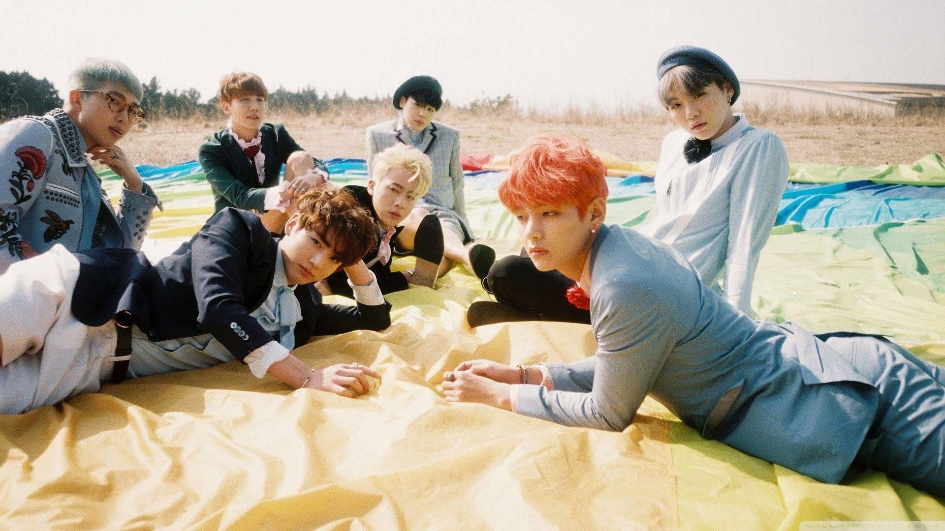 BTS членове лежат на поле с лаптоп Тапет