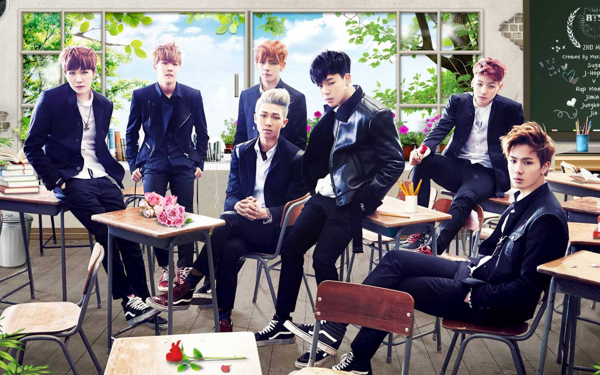 Группова снимка на BTS в класна стая Тапет