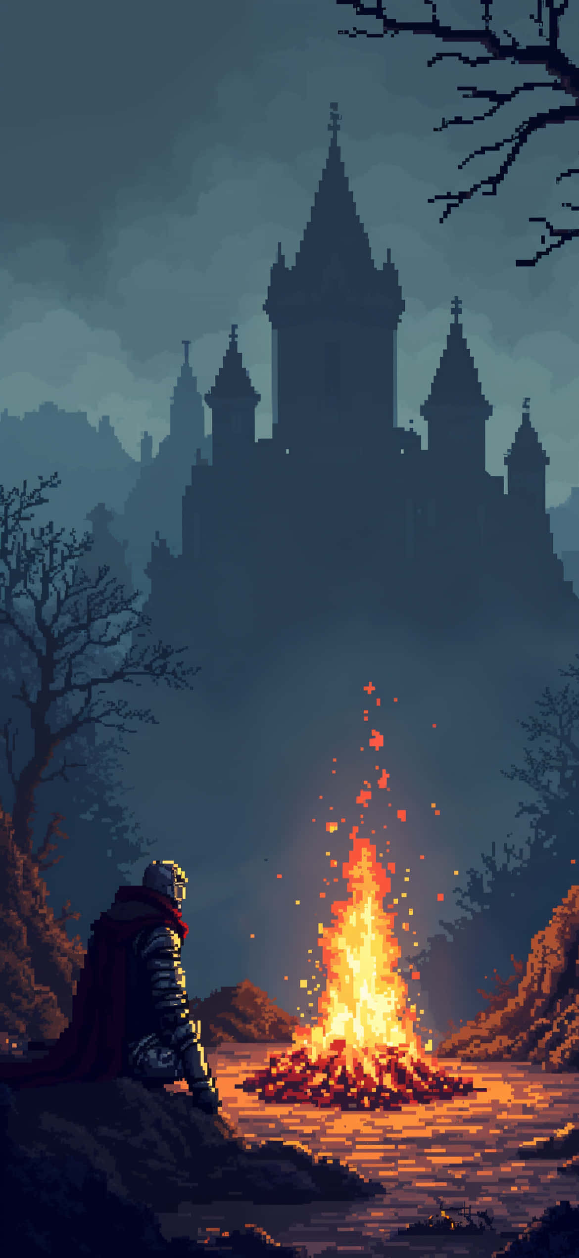 Тапет с пиксел арт на Dark Souls - Сцена с лагерен огън - Игрови тапет