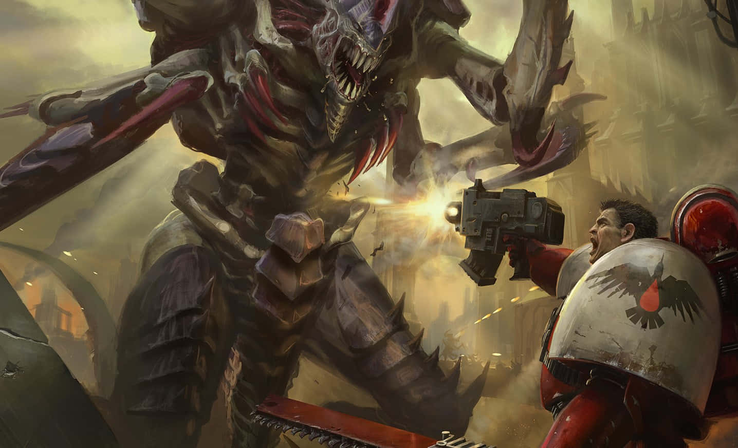 Габриел Ангелос се сражава с Тиранид във Dawn Of War III фон Тапет