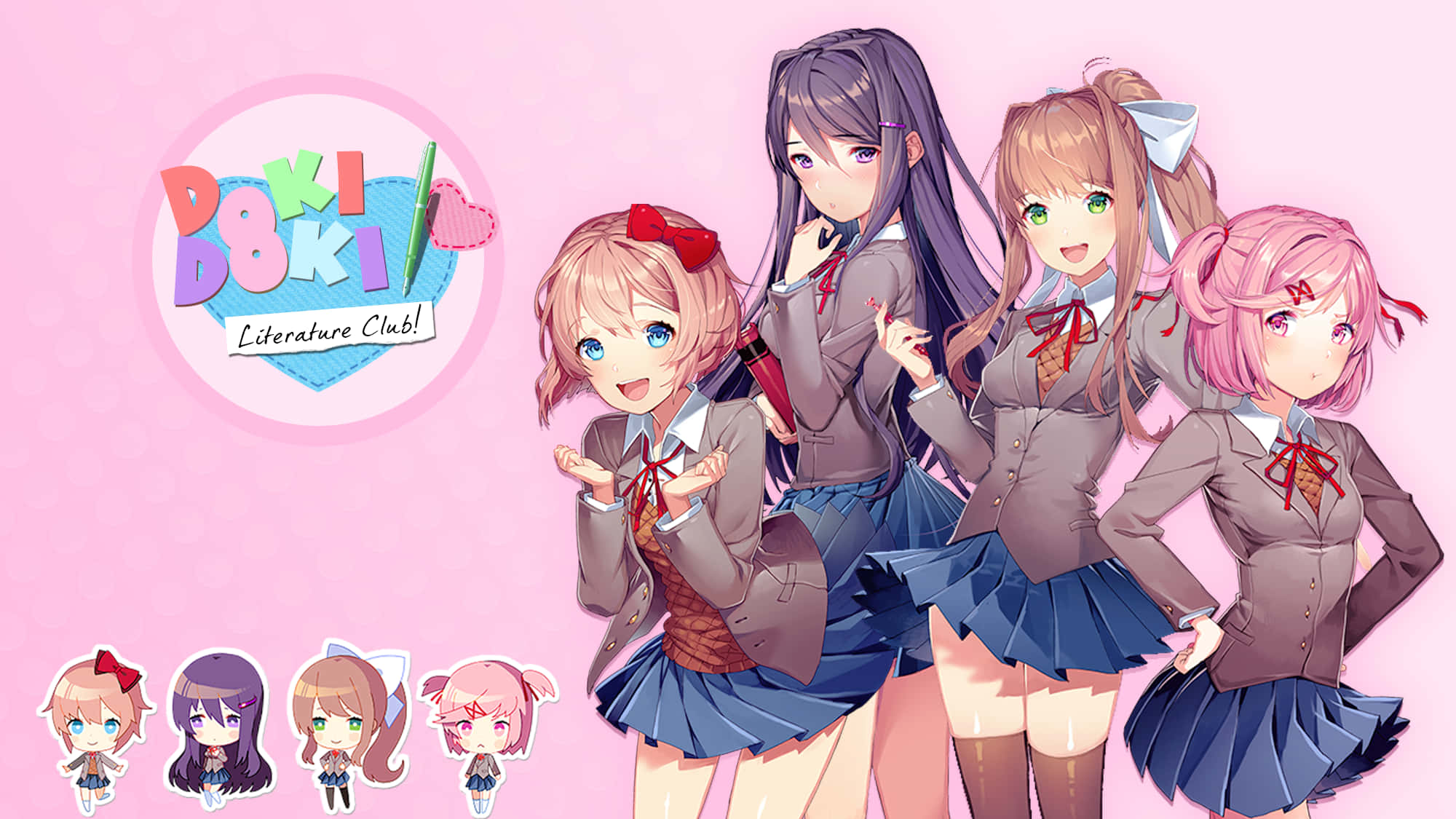 Момичета от DDLC на бял фон с лого Тапет