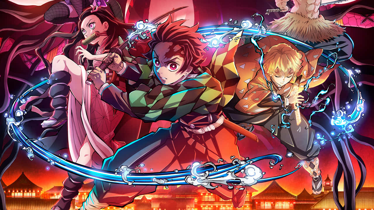 Танджиро Камадо размахва Ничирин меч, убивай демони в „Demon Slayer: Kimetsu no Yaiba“ Тапет