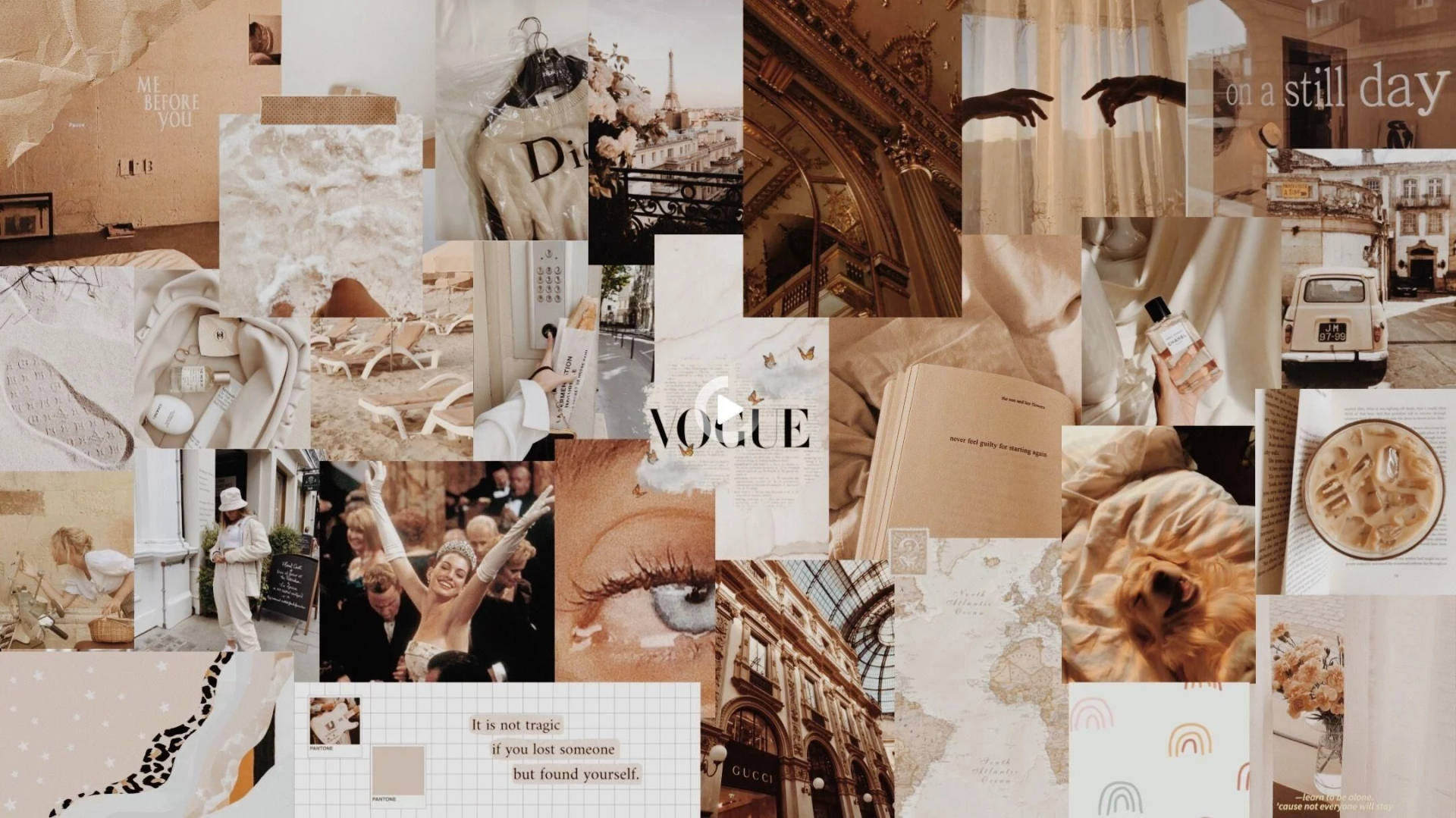 Dior, Gucci, Vogue бежов естетичен колаж