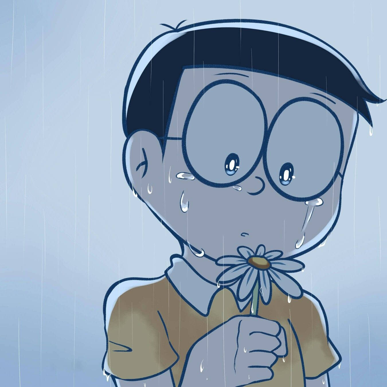 Тъжен Нобита държи цвете Doraemon Тапет