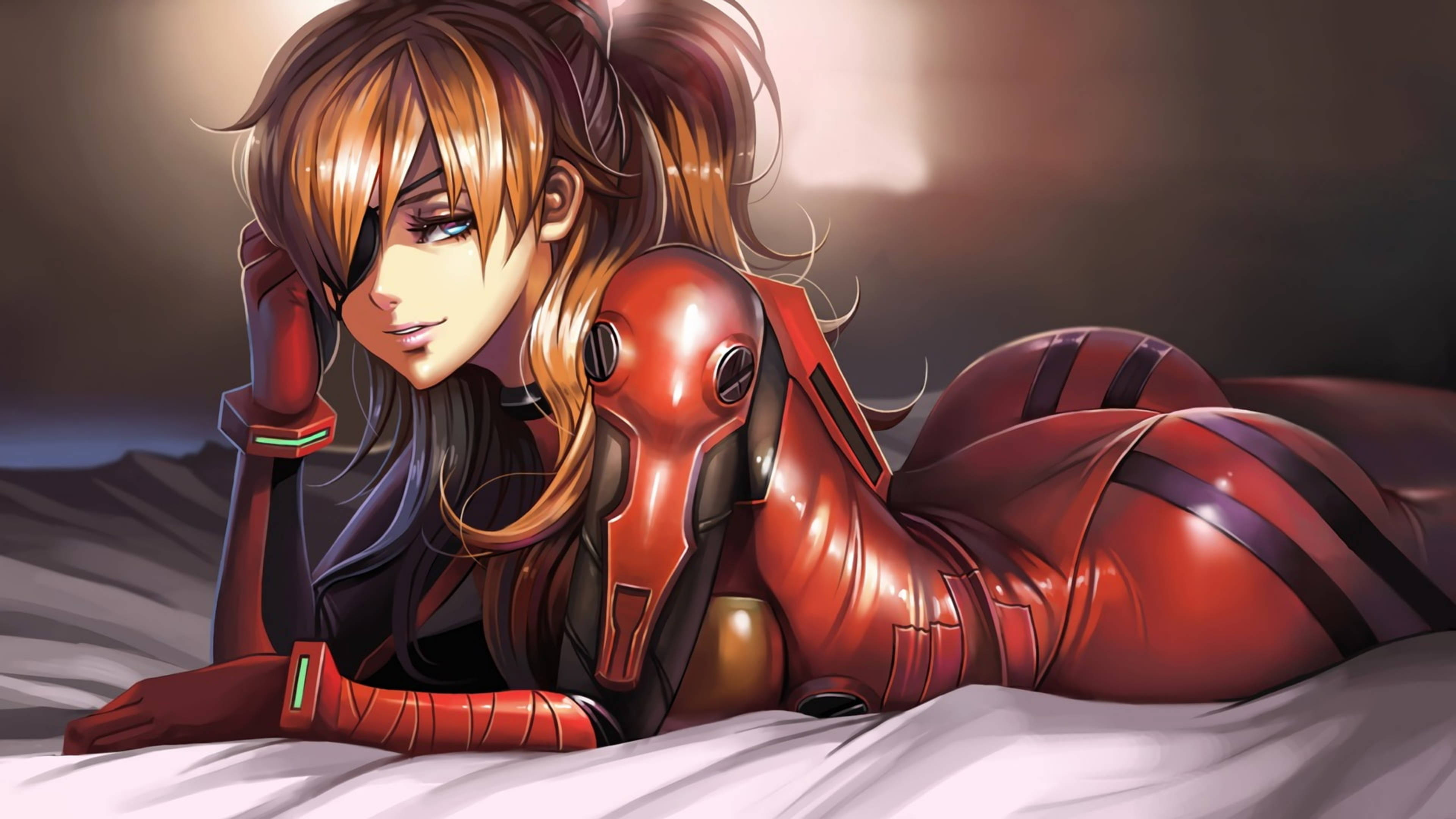 Аска с превръзка на окото от Evangelion в 4K Тапет
