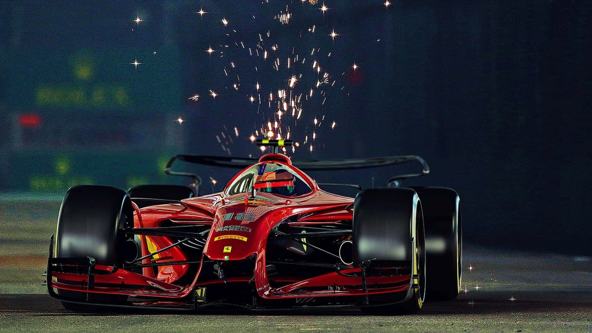 Червена състезателна кола F1 с искри Тапет