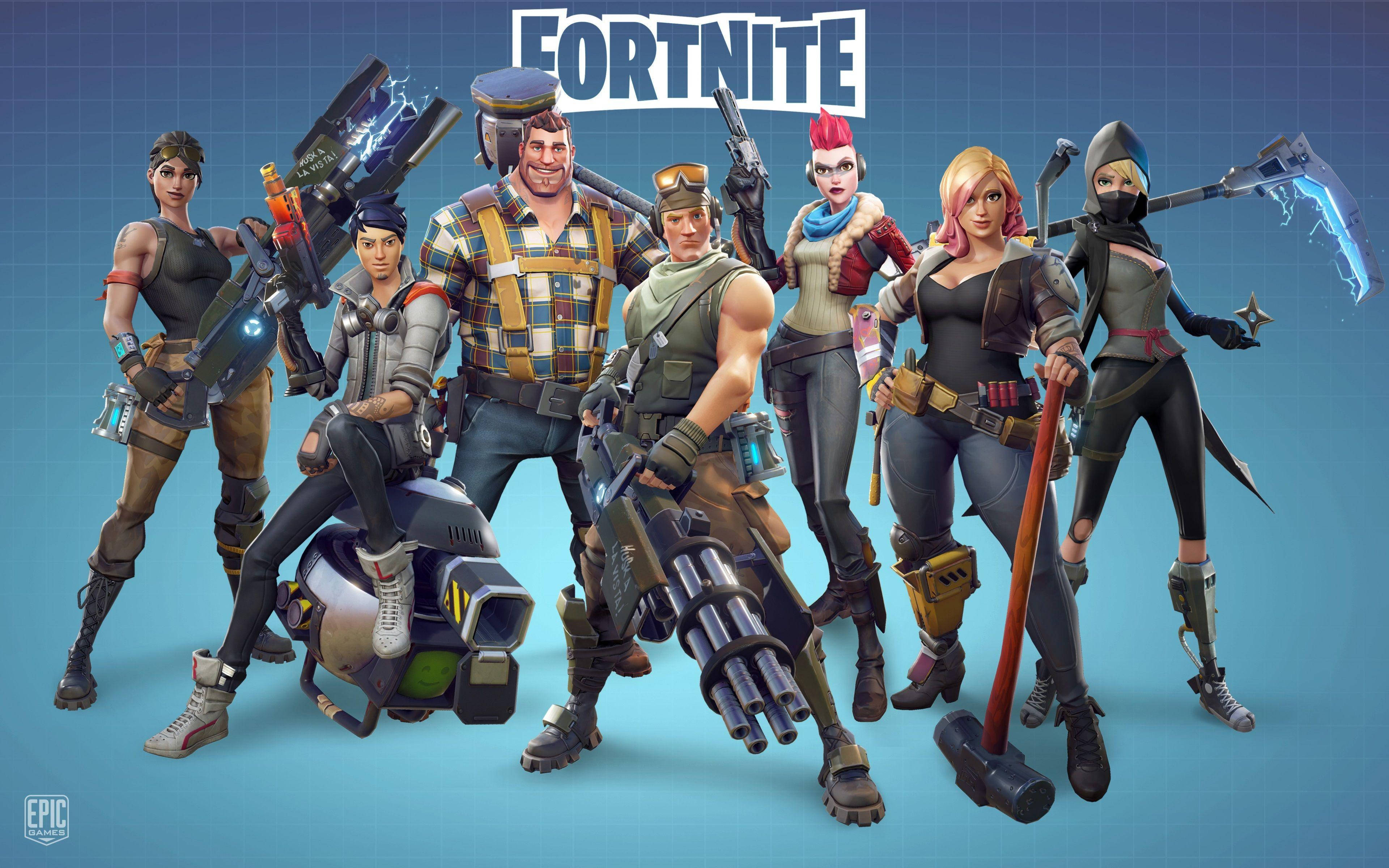 Готина Fortnite кожа с оръжия в син естетичен стил Тапет