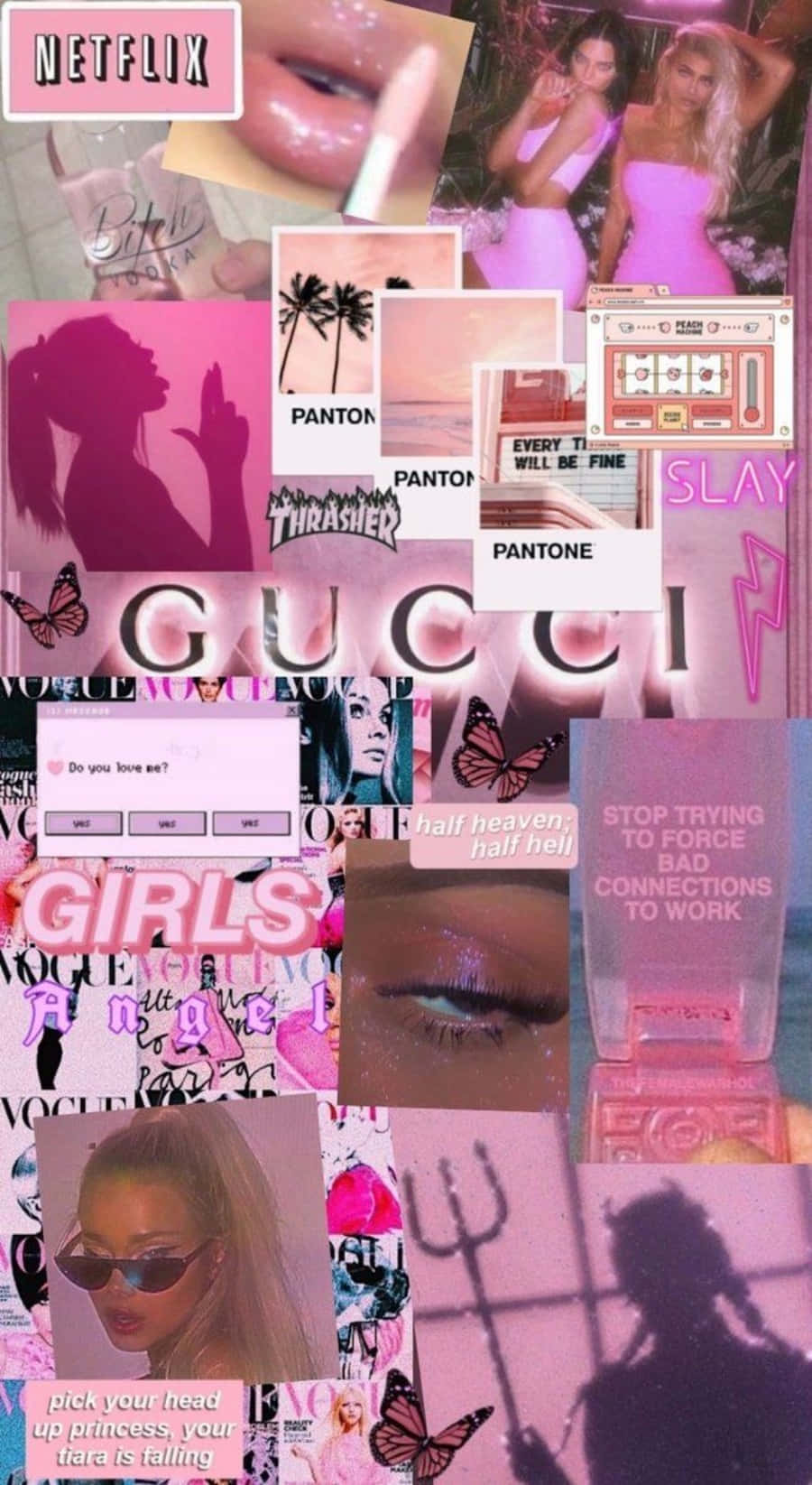 Естетичен розов колаж на модели на марката Gucci Тапет