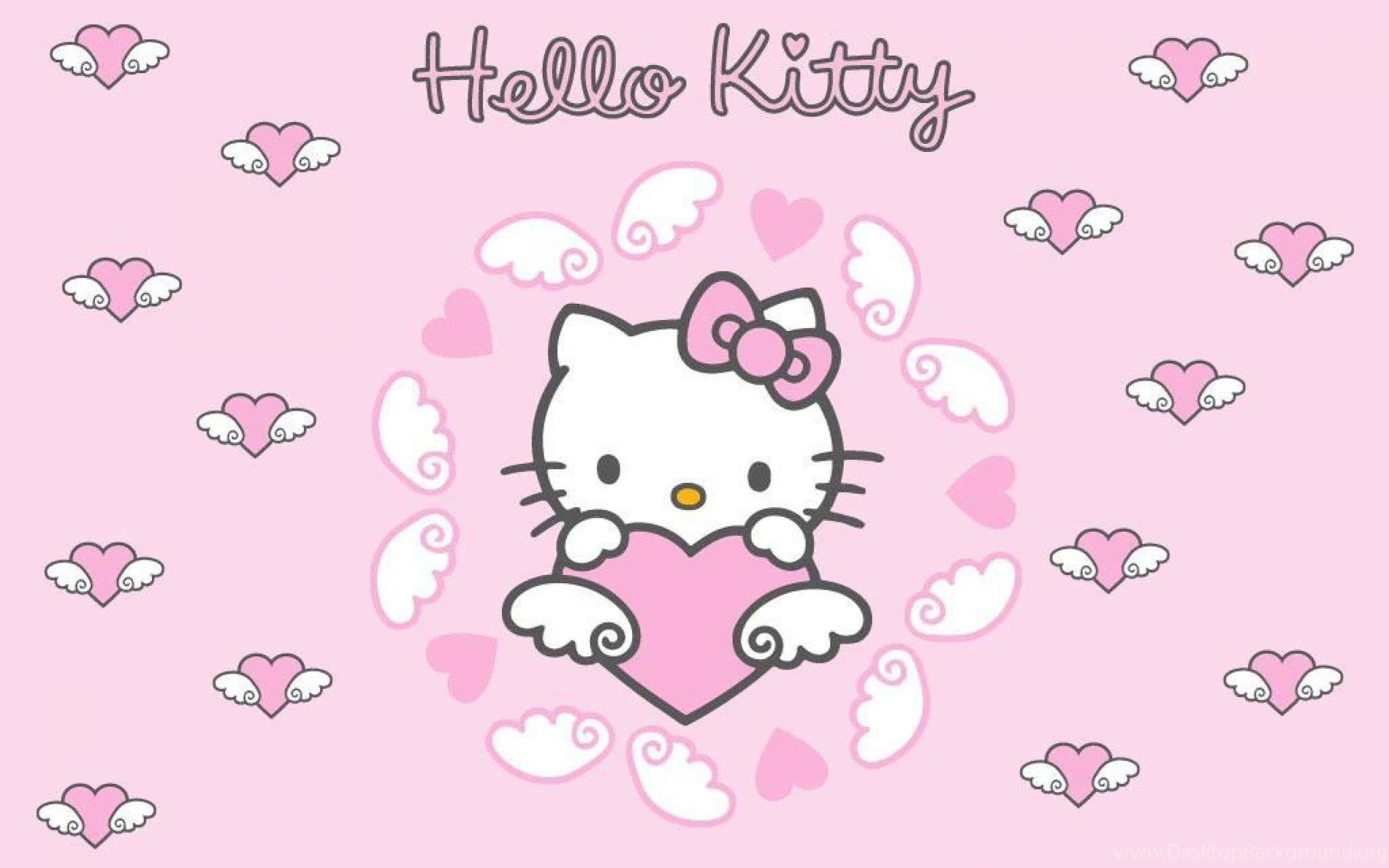 Сладка розова Hello Kitty със сърце и крила Тапет