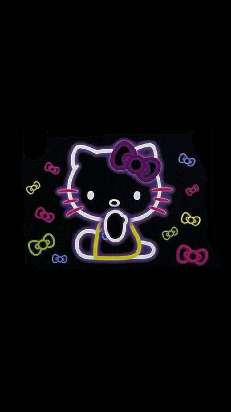 Черна Hello Kitty с неонови светлини и панделки Тапет