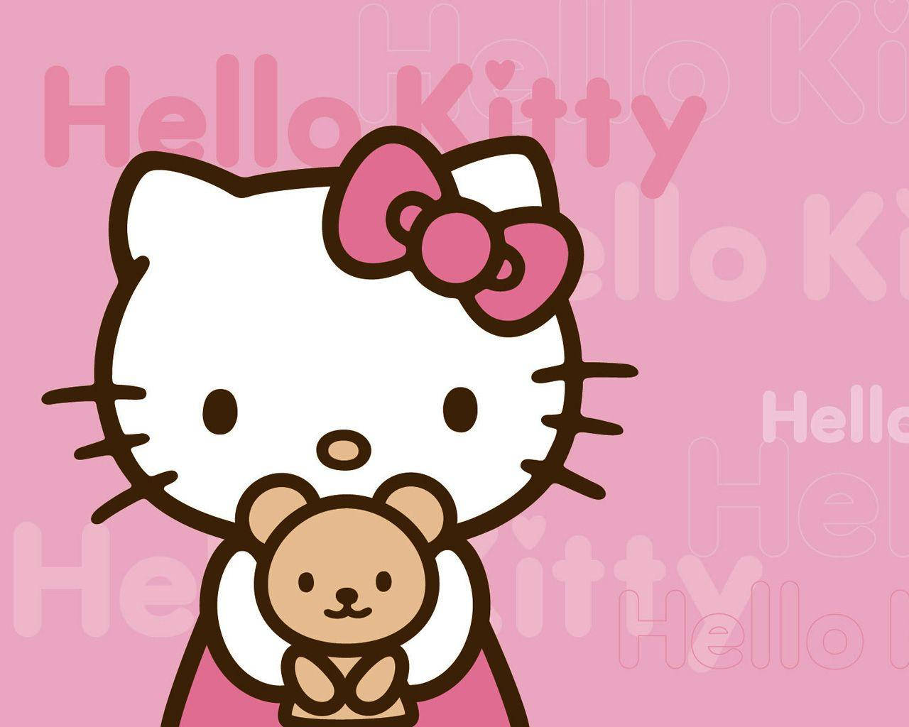 Розова Hello Kitty с плюшено мече Тапет