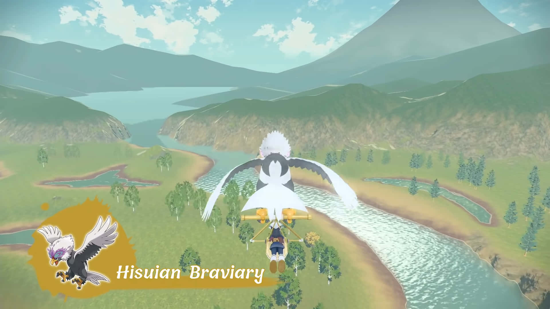 Hisuian Braviary прелитащ над река Тапет