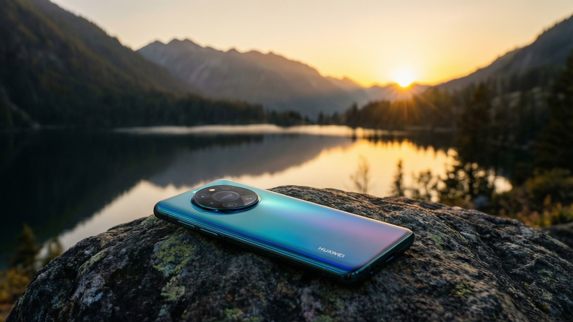 Залез слънце над езеро с Huawei Тапет