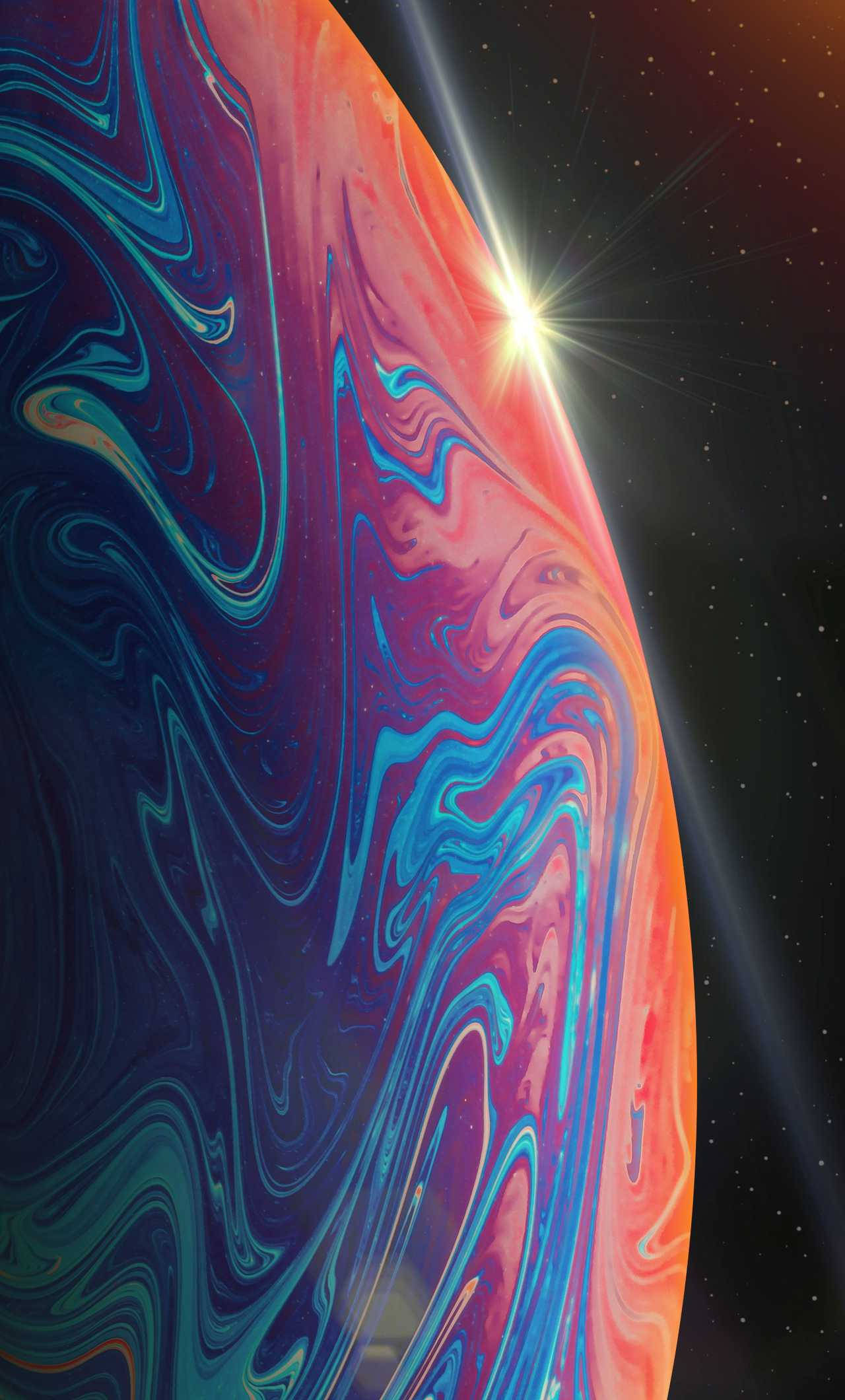 Зрелищен iPhone 13 Pro с тема на лилава и оранжева планета Тапет