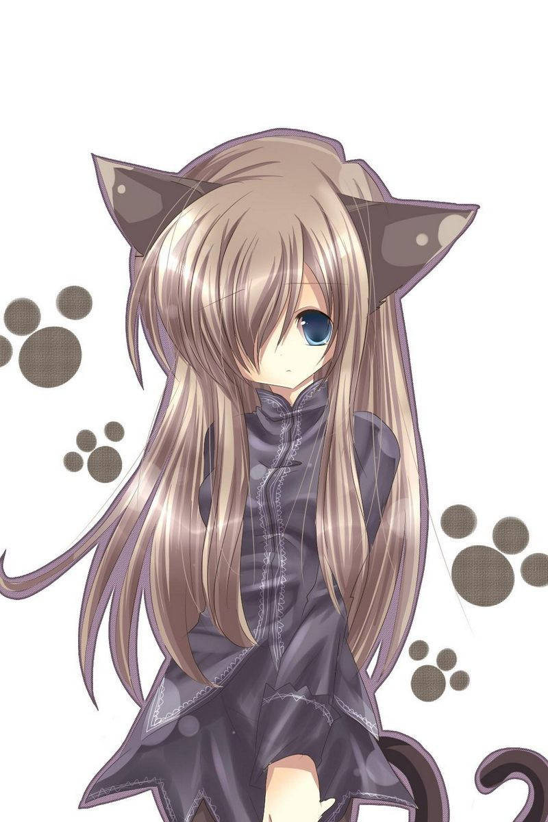 Кафява котка сладко аниме момиче iPhone Тапет