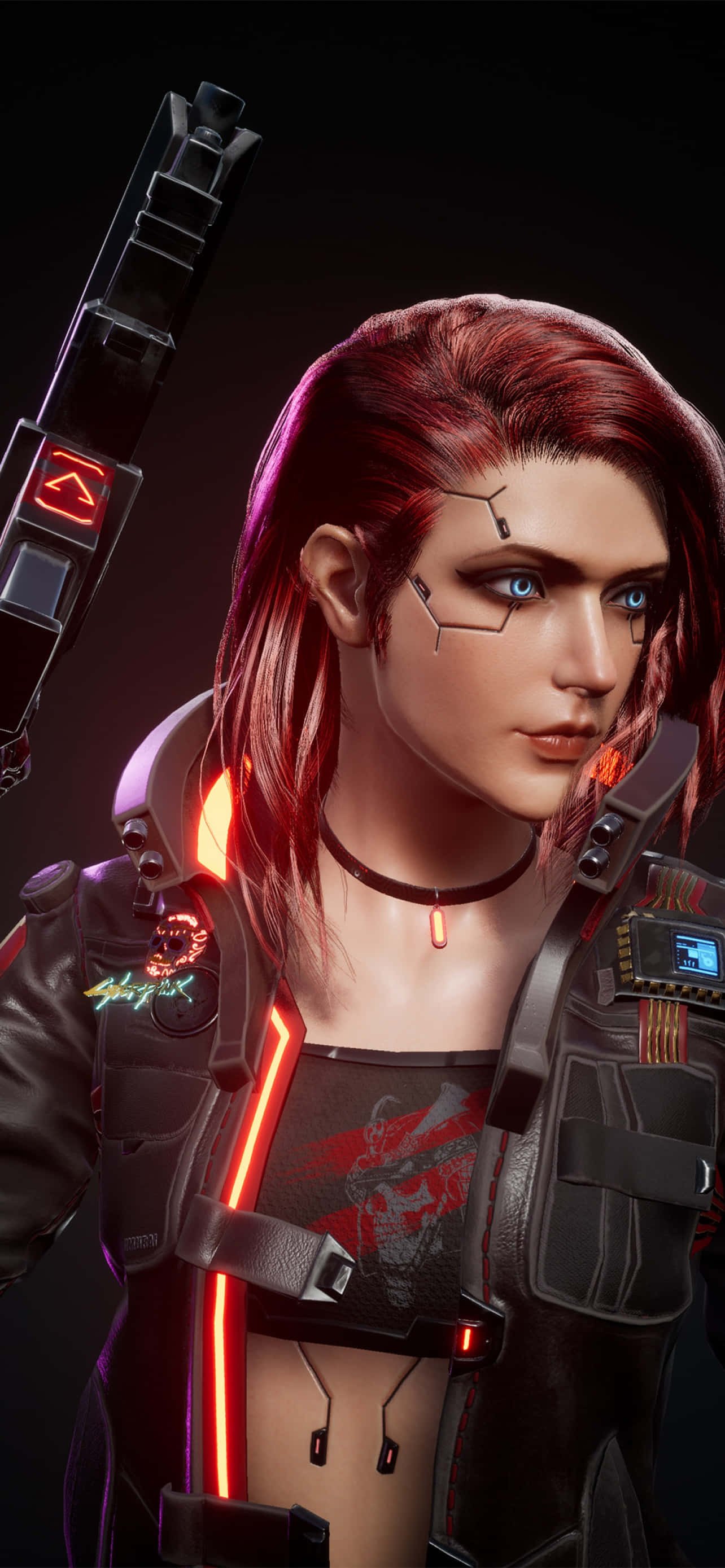 iPhone X Cyberpunk 2077 фон с персонаж с червена коса Тапет