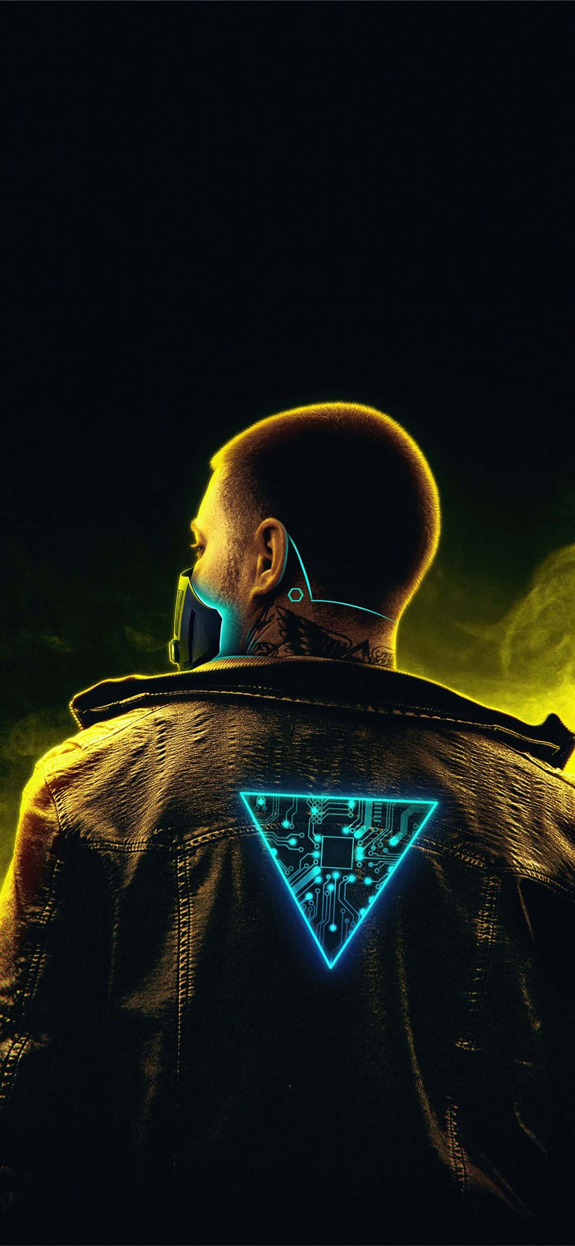 iPhone X Cyberpunk 2077 фон киборг мъж триъгълна светлина Тапет