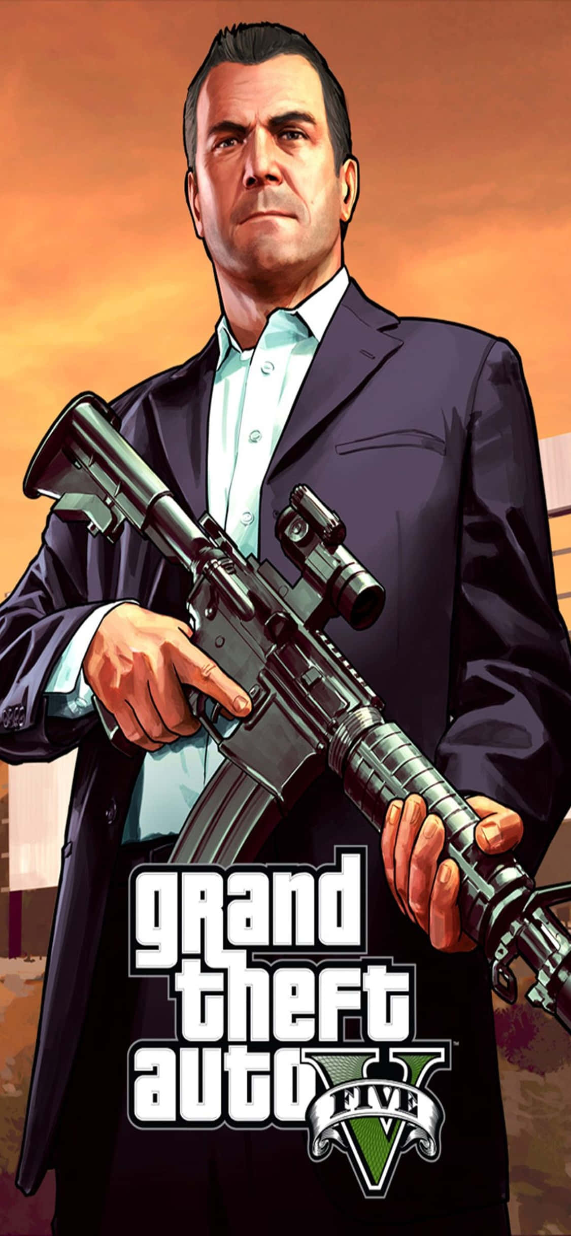 iPhone X Grand Theft Auto V фон с оръжие и Майкъл Тапет