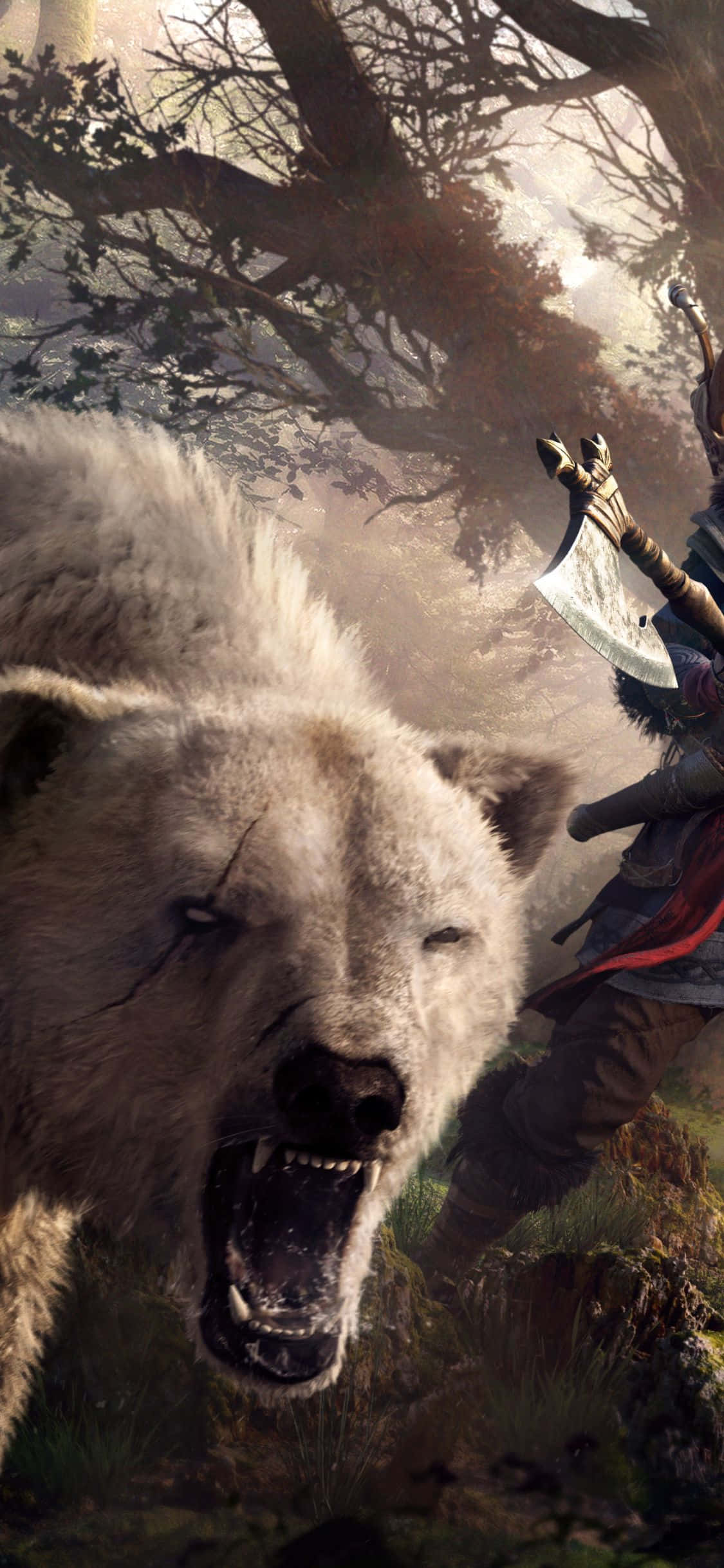 Фон за iPhone XS Assassin's Creed Valhalla с ревяща бяла мечка Тапет