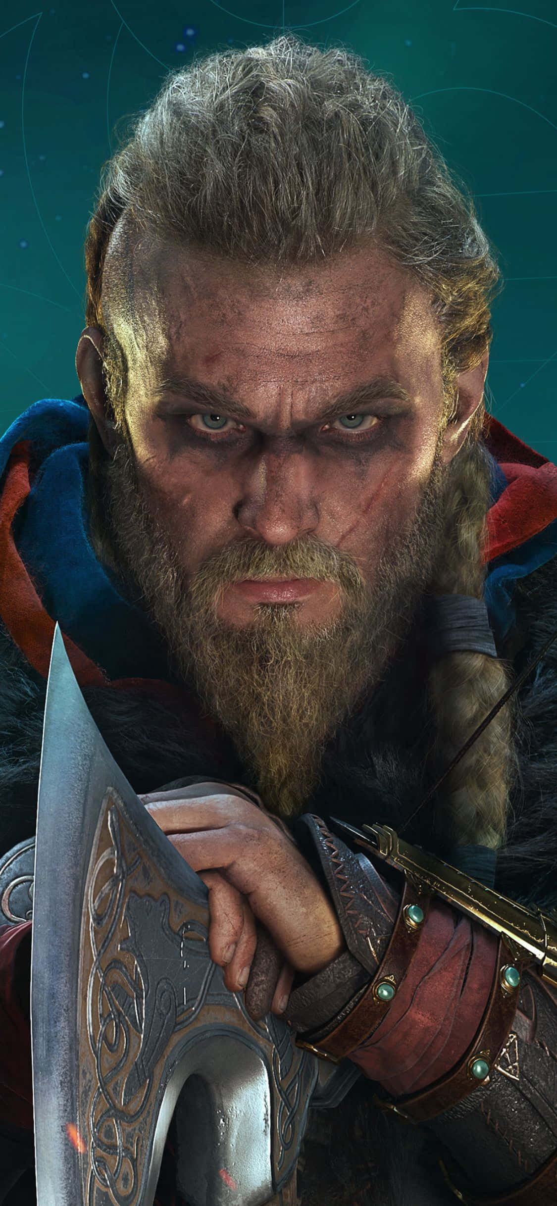 iPhone Xs Assassin's Creed Valhalla Eivor държащ брадвата си фон Тапет