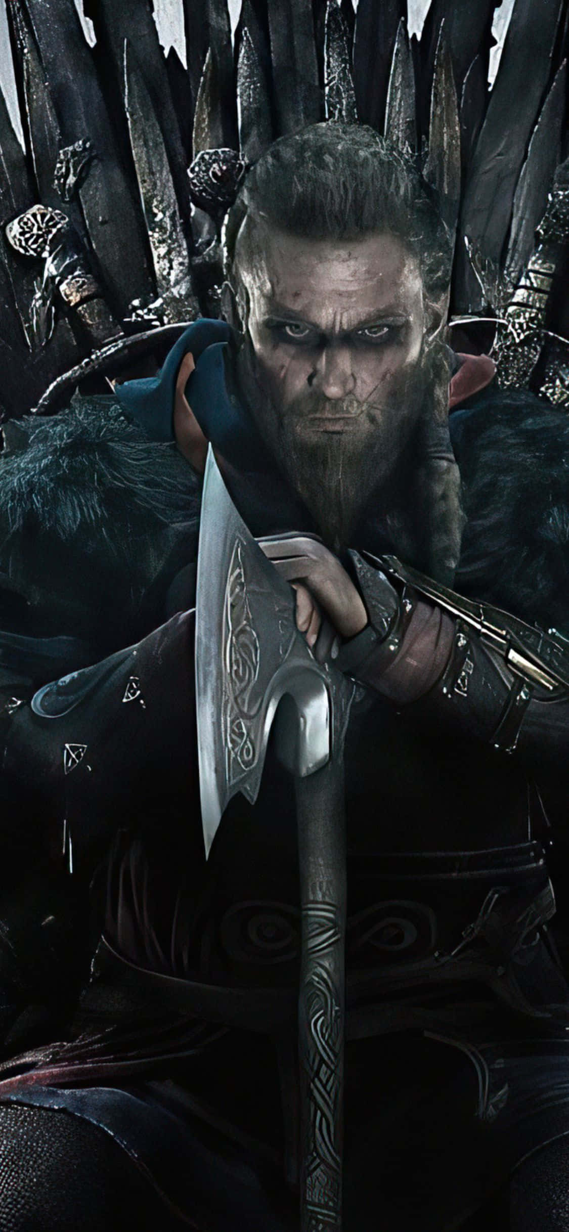 iPhone XS Assassin's Creed Valhalla Eivor седящ на трон фон Тапет