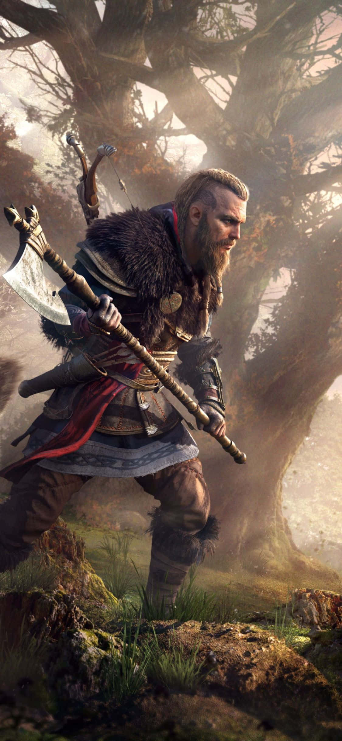 Фон за iPhone XS Assassin's Creed Valhalla с Ейвор с огромна брадва Тапет
