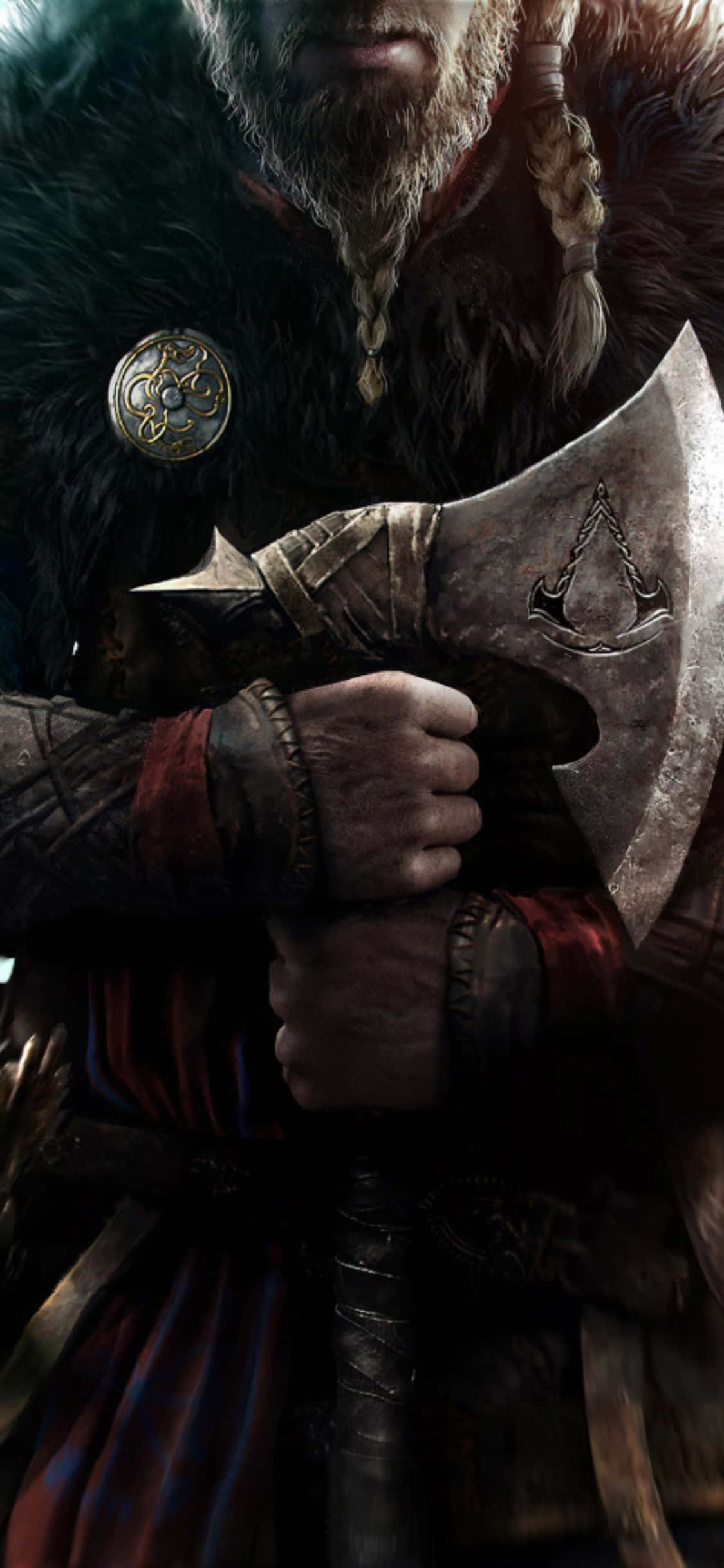 Фон за iPhone XS Assassin's Creed Valhalla с викинг войн държащ брадва Тапет