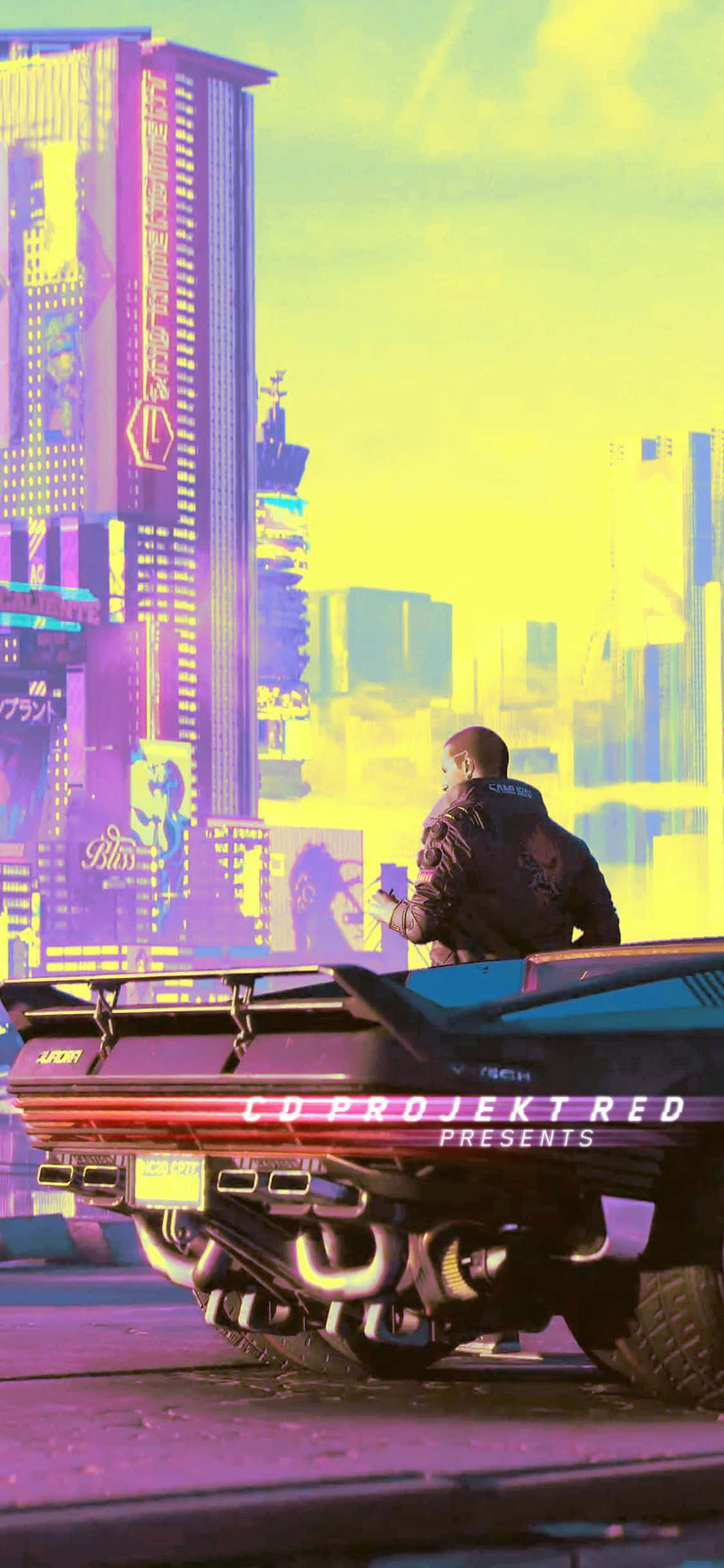 iPhone XS Cyberpunk 2077 Ярък градски фон Тапет