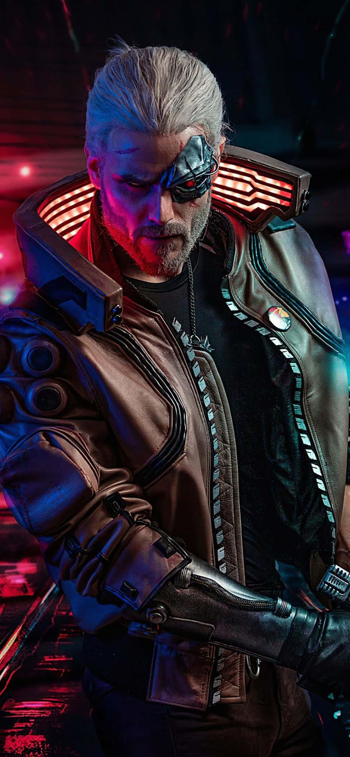 Фон за iPhone XS Max с Cyberpunk 2077 косплей на Гералт Тапет