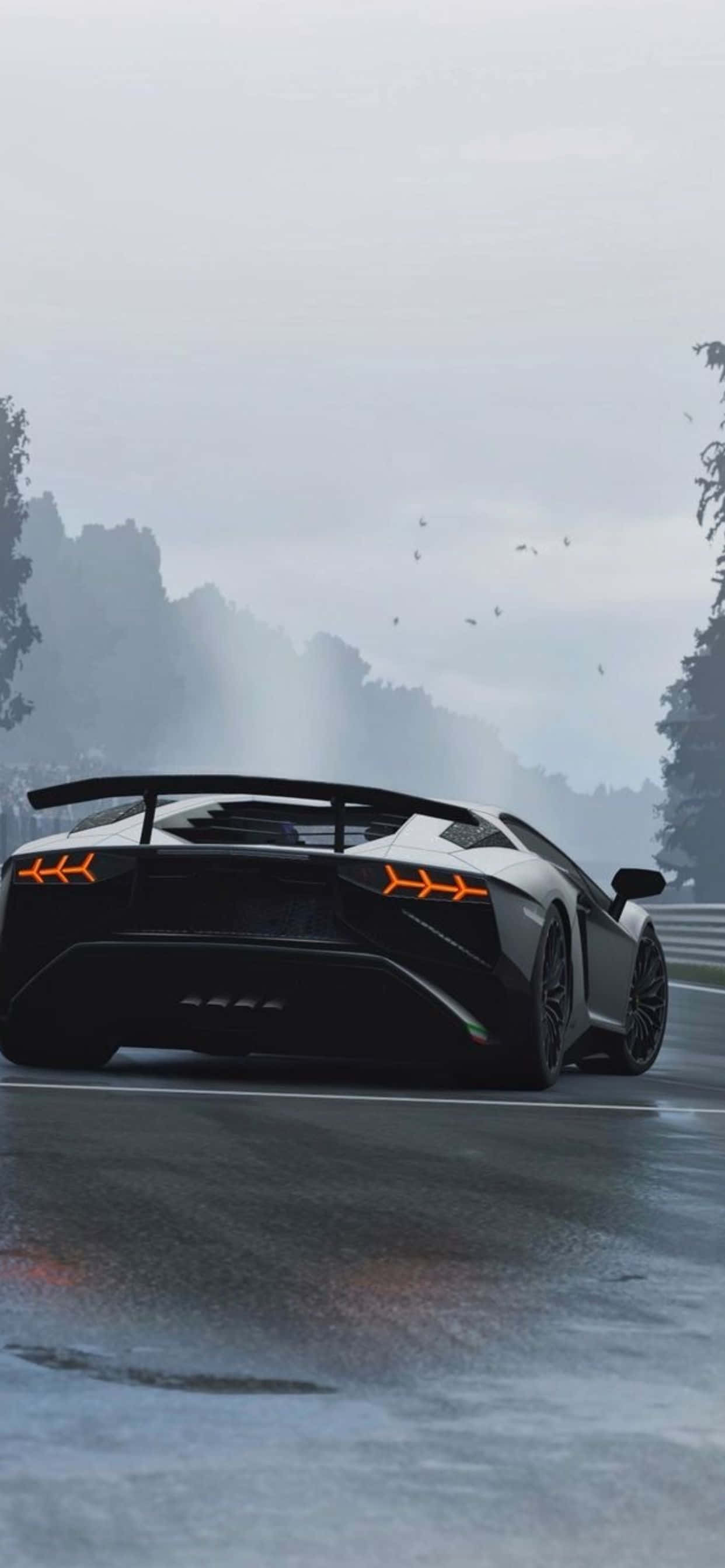 Черен фон за iPhone XS Max с Lamborghini Aventador отзад Тапет