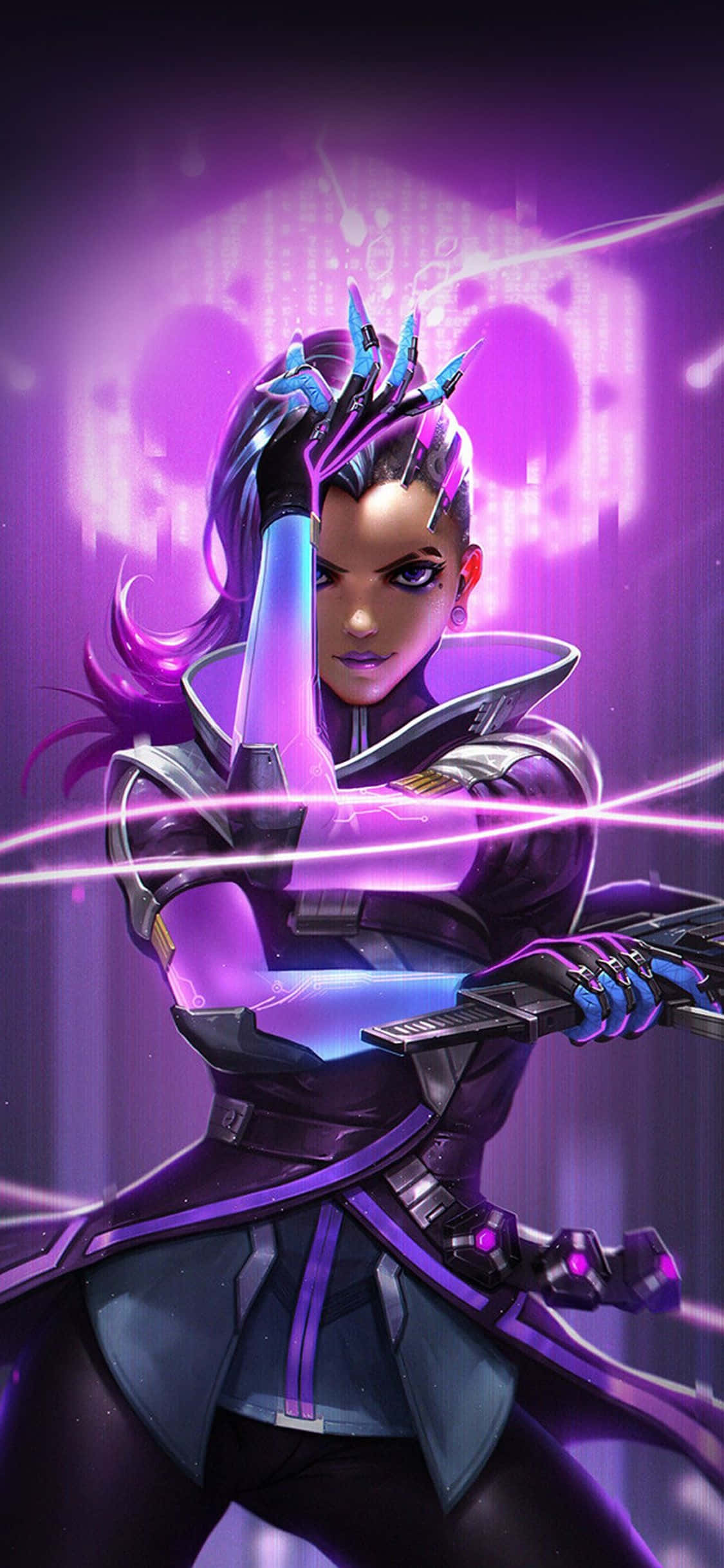 iPhone XS Max Overwatch фон Sombra лилави неонови светлини Тапет