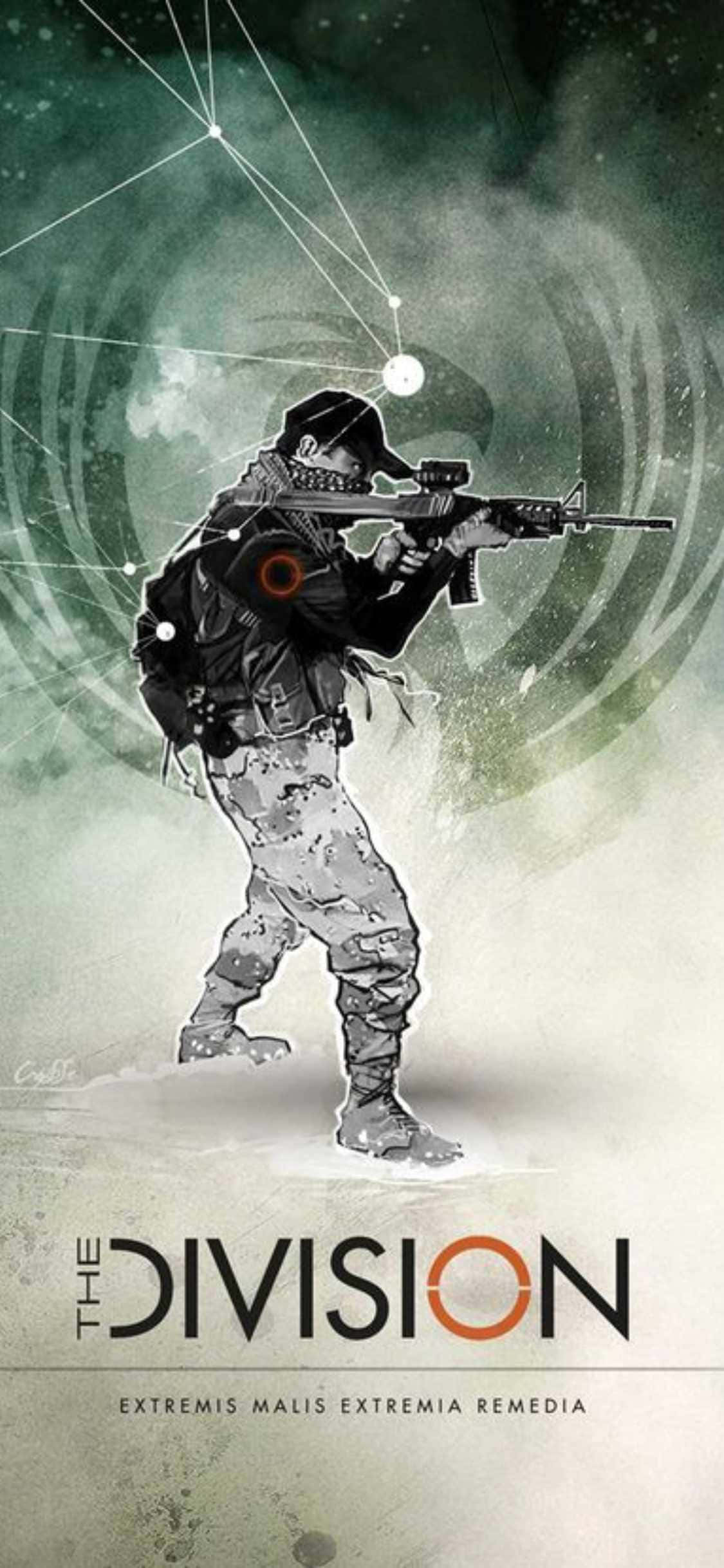 iPhone Xs The Division фон с постер на игра и мъж с мерник Тапет