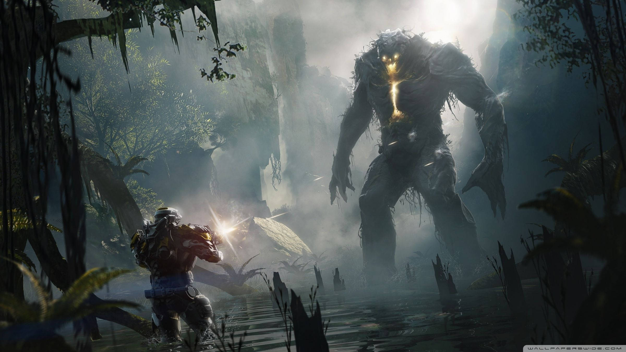 Сблъсък между Javelin и враг в епическата научно-фантастична игра Anthem. Тапет