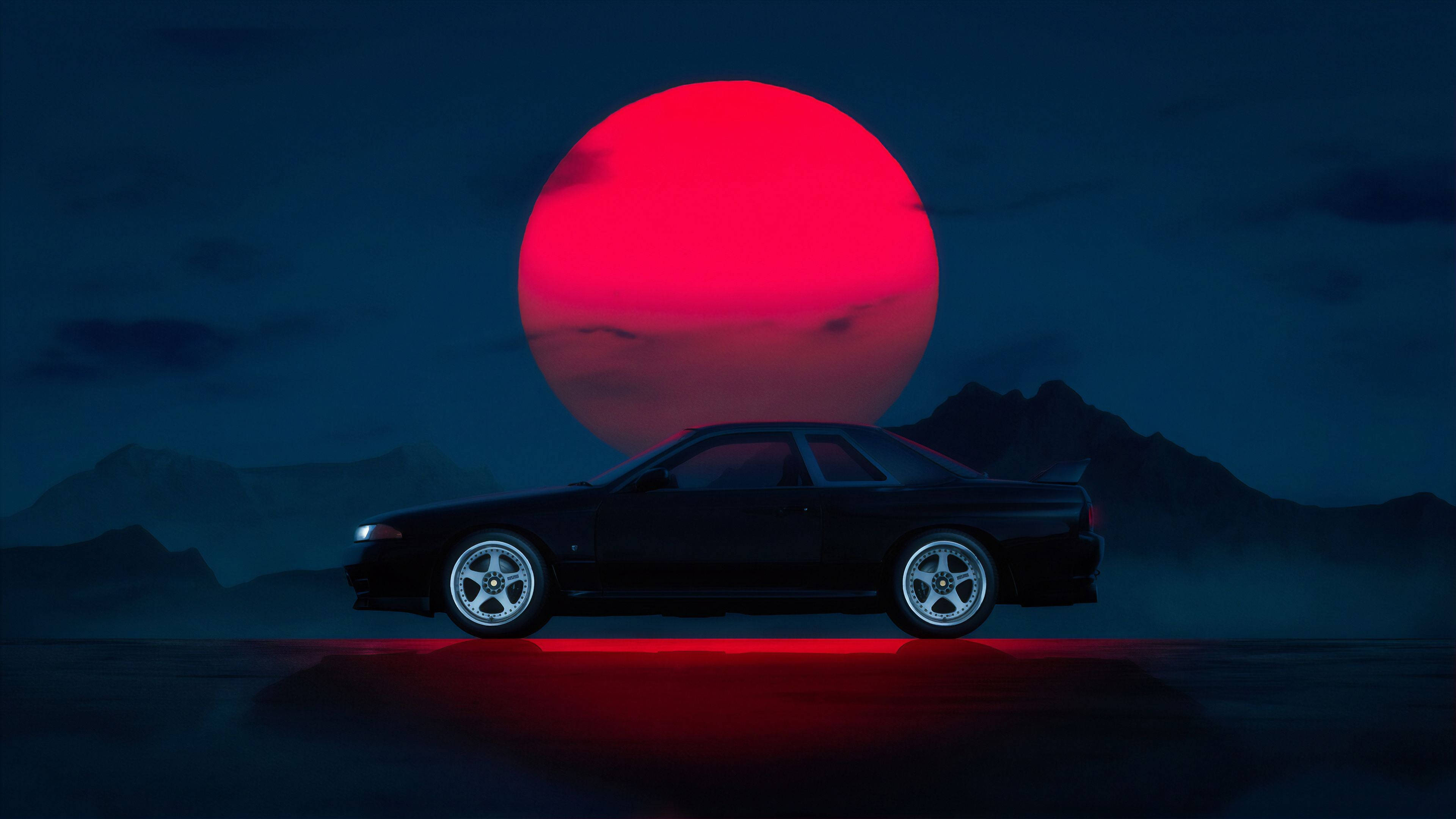 Тъмна JDM кола с червено слънце Тапет