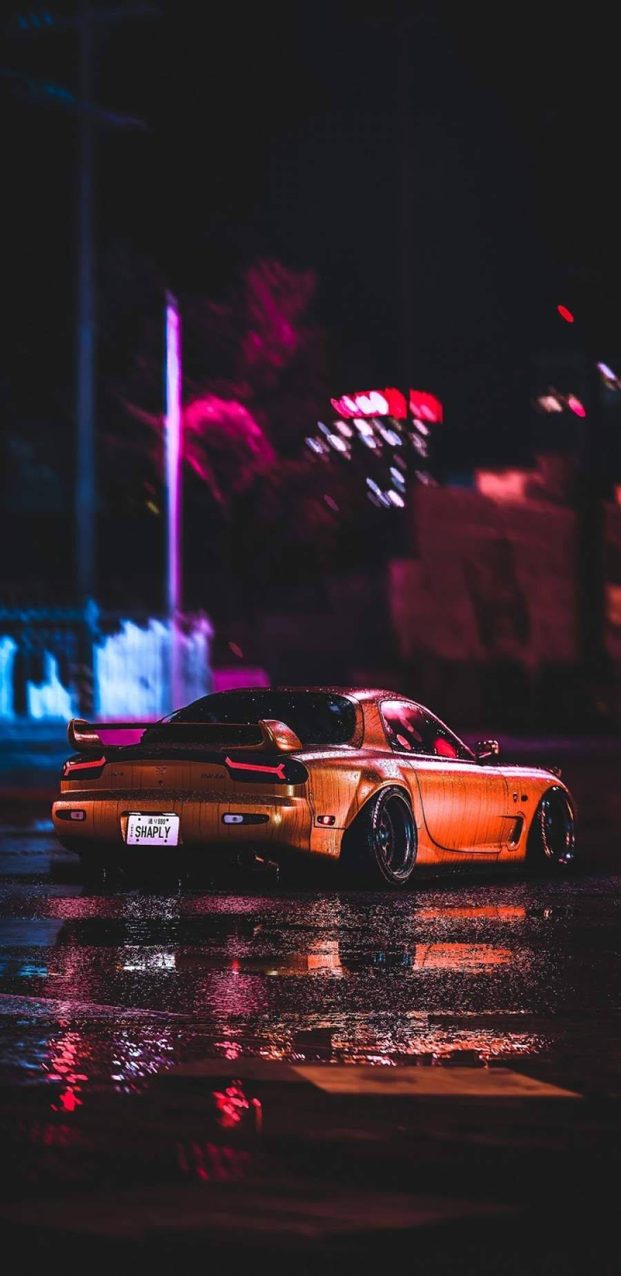 Оранжева JDM кола естетика през нощ Тапет