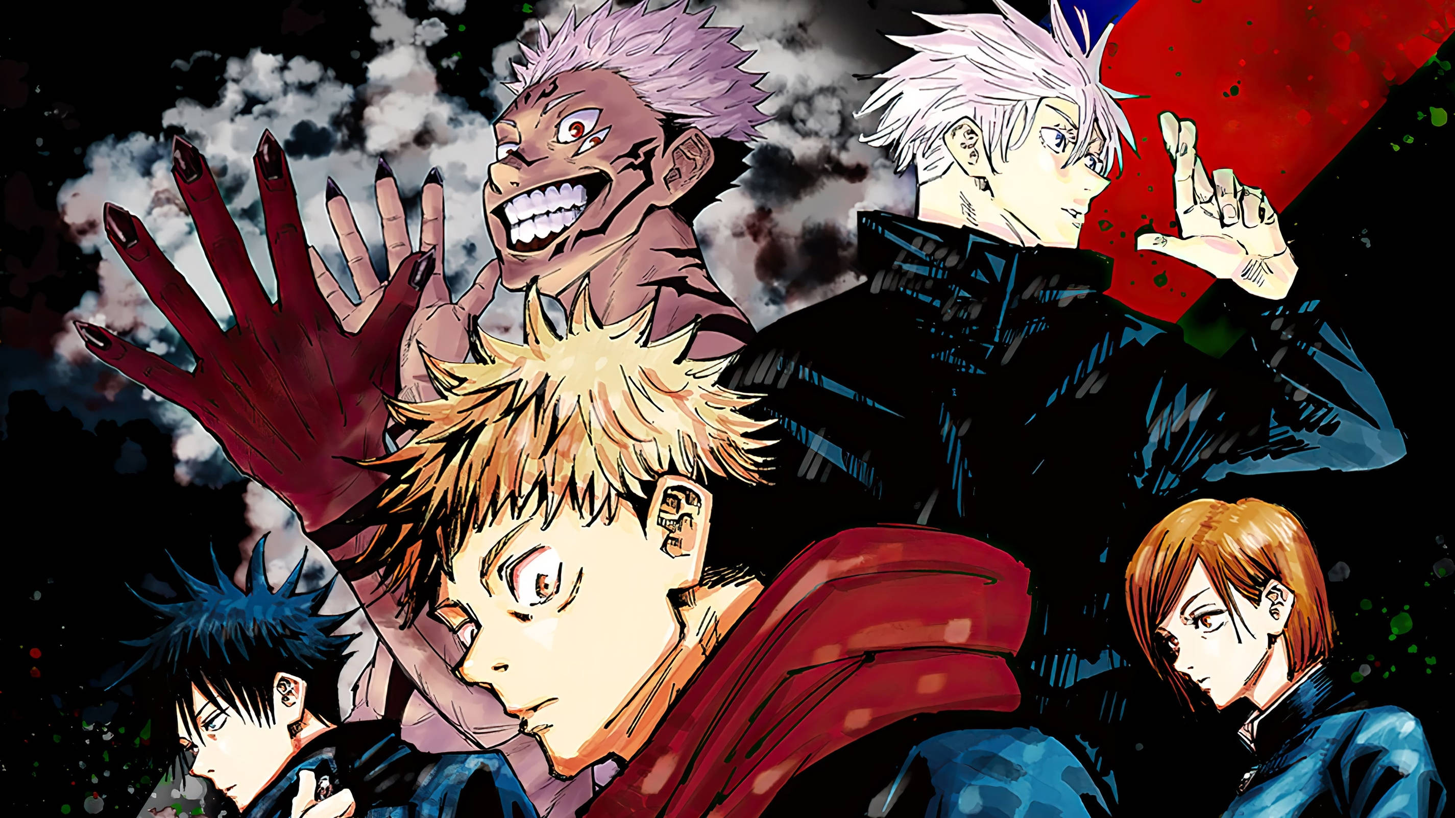Вълнуваща и мощна илюстрация на герои от Jujutsu Kaisen Тапет
